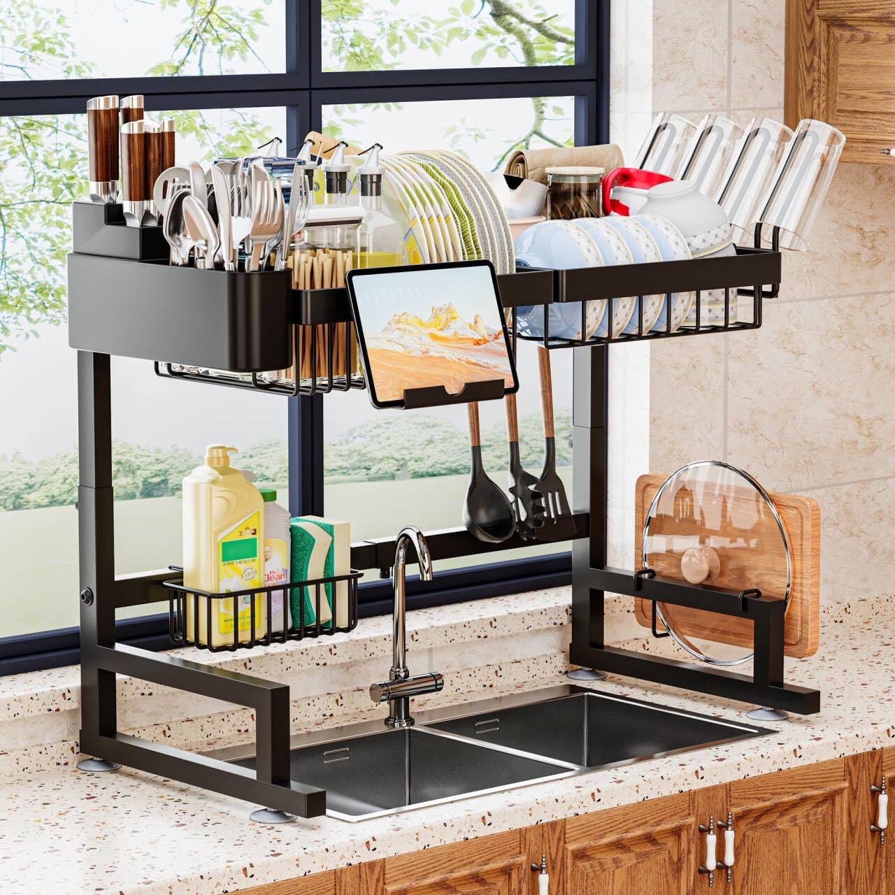 Over Sink Dish Drying Rack (Expandable Height/Length) Snap-On Design Large Dish Drainer Storage Counter Organizer 24" - 35.5"(L) x 12"(W) x 19" - 22"(H)