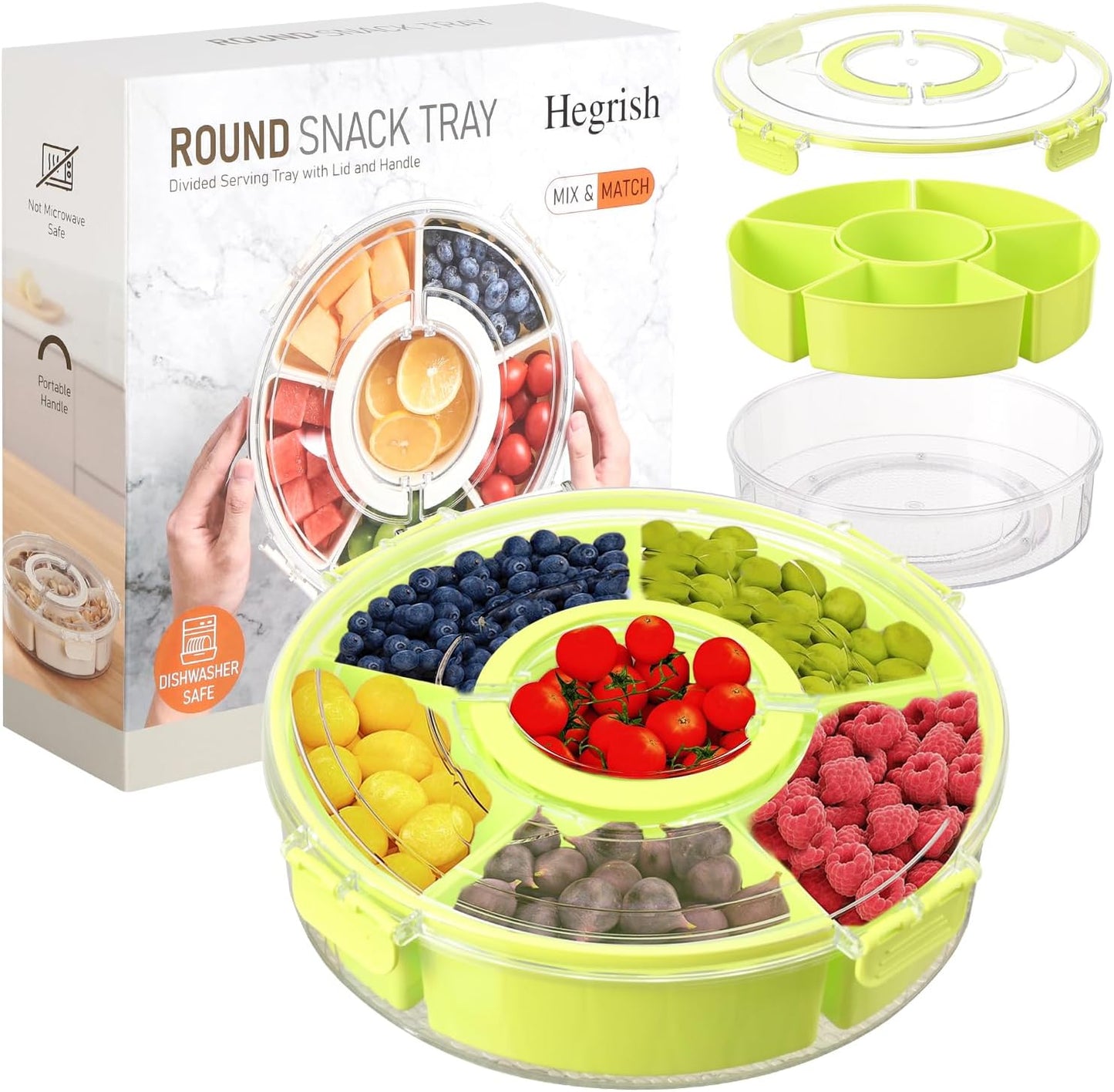 Rotating Serving Tray with Lid, 8-Section Divided Container, Portable Snack Organizer for Fruits, Candy, Nuts, Vegetables, Party Platter