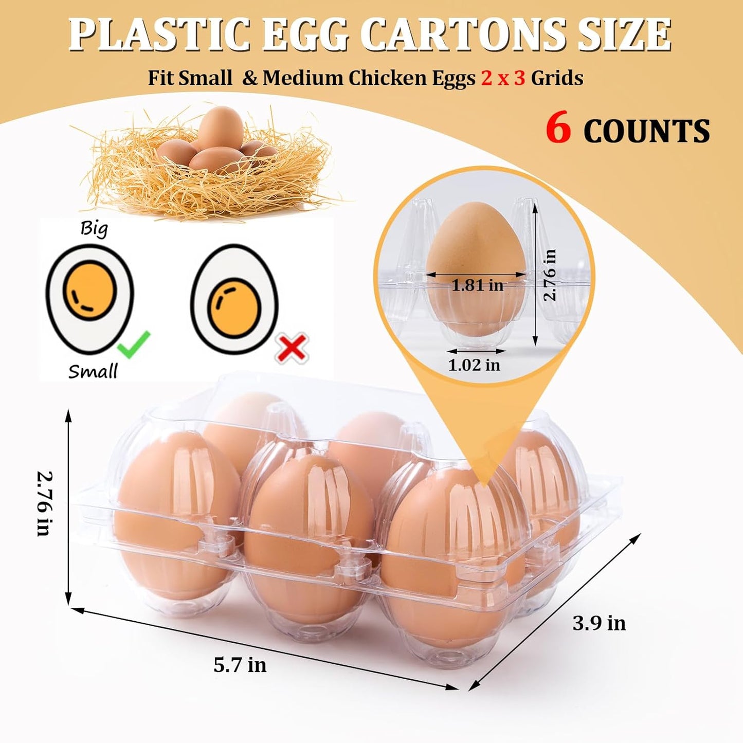 200PCS Clear Plastic Egg Cartons 6 Count,Half Dozen Egg Cartons Cheap Bulk for Chicken Eggs,Reusable Egg Holder for Family,Pasture,Farm Markets Display - Medium Egg Containers 2x3 Grids