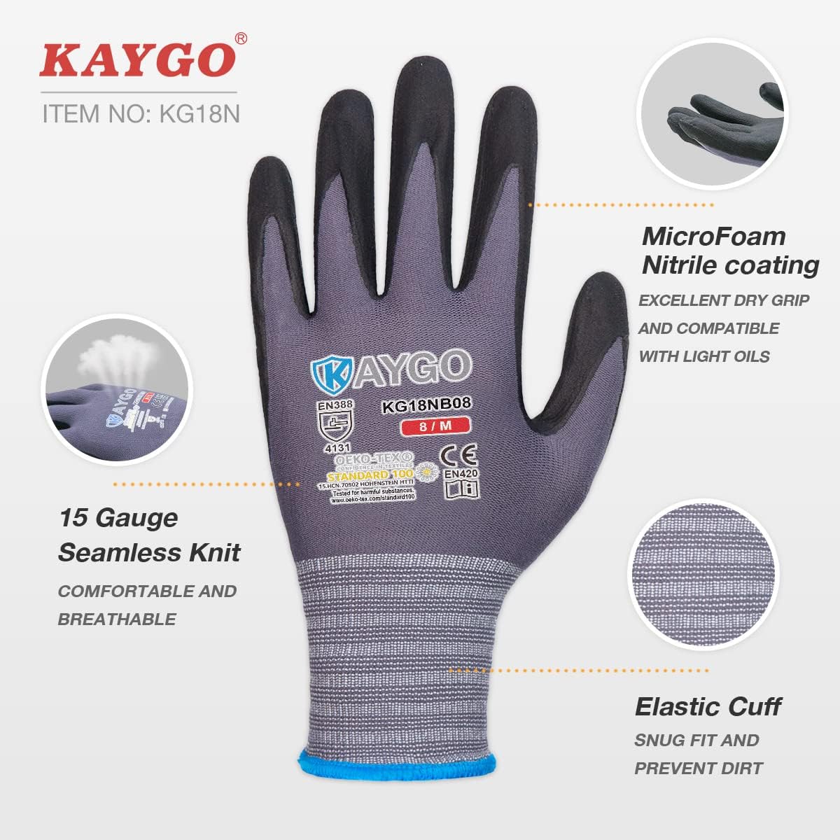 KAYGO Safety Work Gloves MicroFoam Nitrile Coated, 3 Pairs KG18NB,Seamless Knit Nylon Glove for Men and Women, Ideal for Automotive,Warehouse,Construction (2X-Large,Gray)