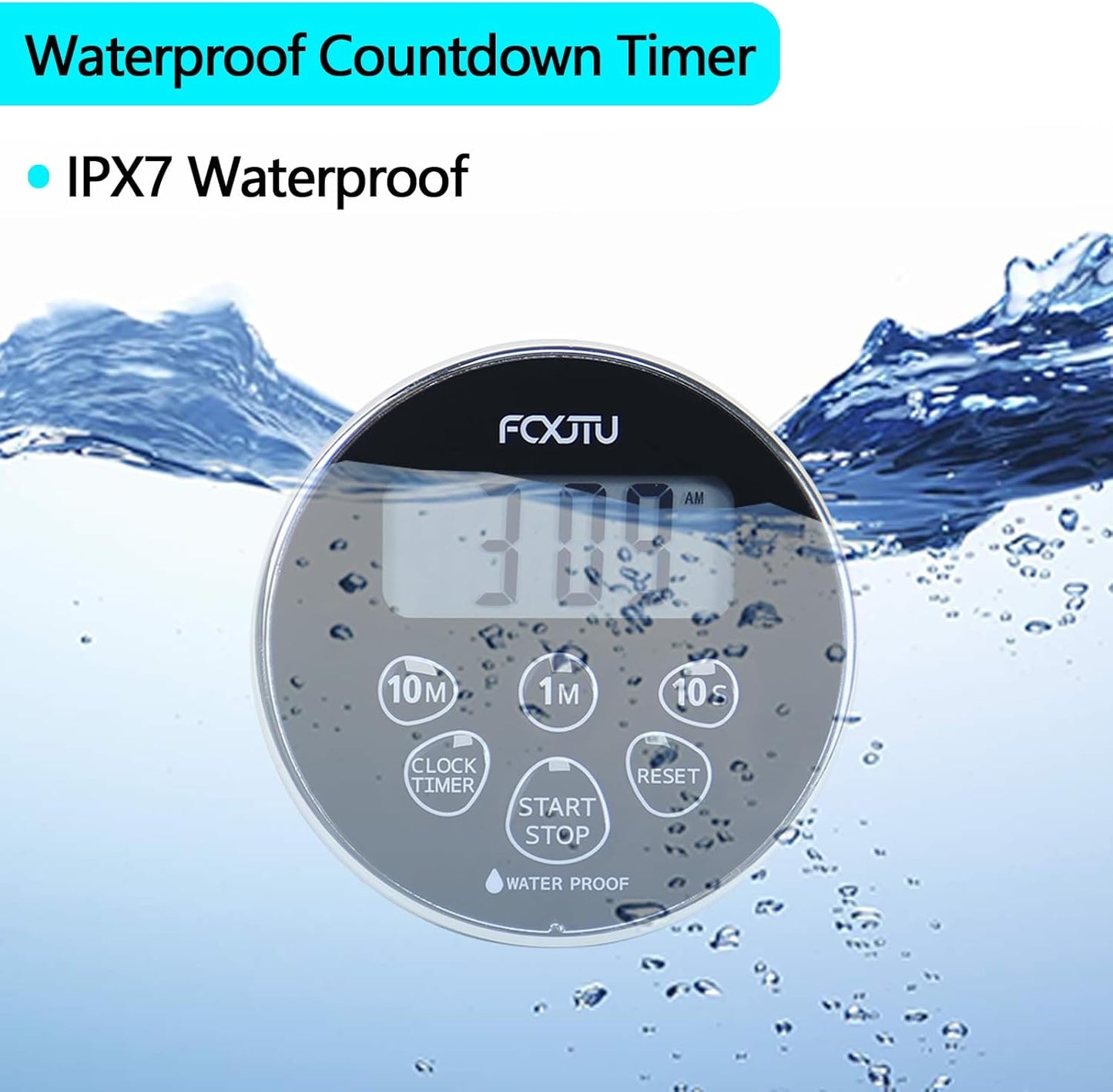 FCXJTU Digital Waterproof Shower Clock Timer, Bathroom Shower Countdown Timer for Kitchen Cooking with Alarm, Magnetic Back, Stand Silver Black