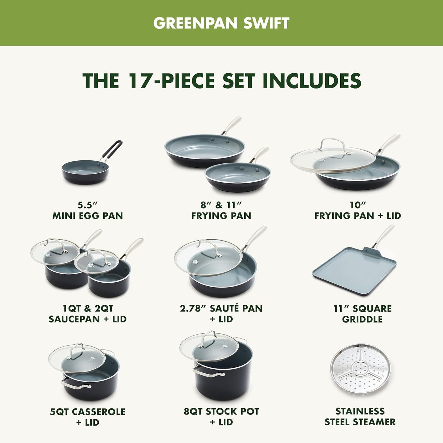 GreenPan 17 Piece Nonstick Swift Cookware Set, Ceramic PFAS-Free Pots & Pans with Lids, Dishwasher & Oven/Broiler Safe to 600F, Kitchen Cooking Set, Sauce, Saute, Stock, Griddle, Frying Pans, Gray