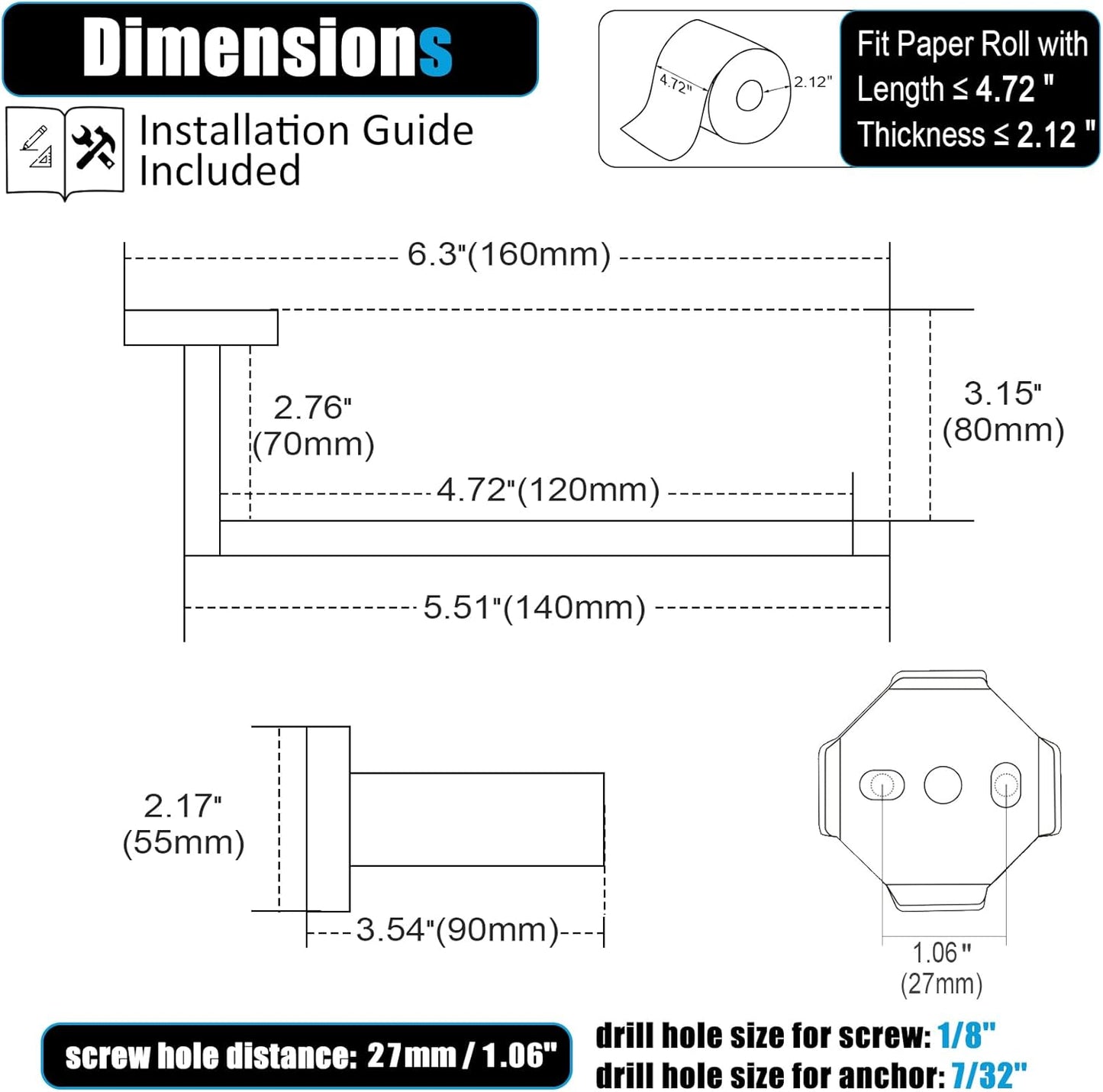 KOKOSIRI Toilet Paper Holders Wall Mounted Toilet Roll Holder for Bathrooms Hardware Washroom T-304 Stainless Steel, Matte Black and Gold B2003GDK