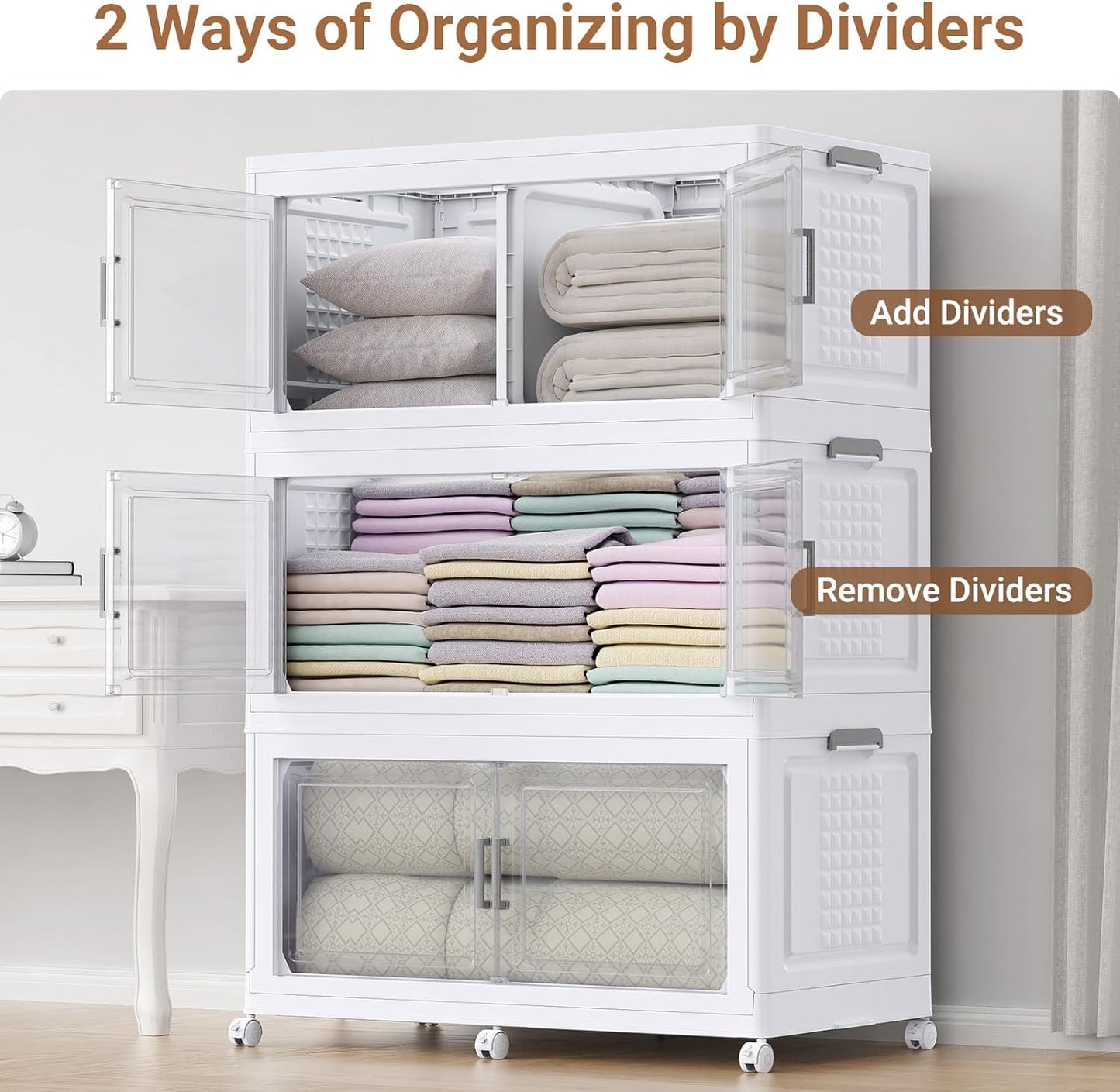 69.3"H 200Gal Plastic Storage Bins with Lid & Wheels,4Pack Extra Large Stackable Storage Bins with Dividers,Closet Organizers and Storage Cabinet Shelves Collapsible Box for Home Kitchen,White