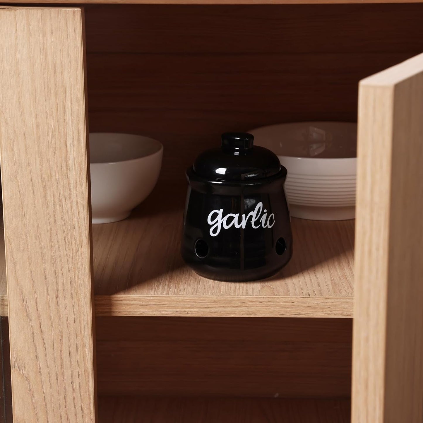 HAOTOP Garlic Keeper with Lid, Ceramic Mini Garlic Saver Container for Countertop, Farmhouse Kitchen Decor (Black)