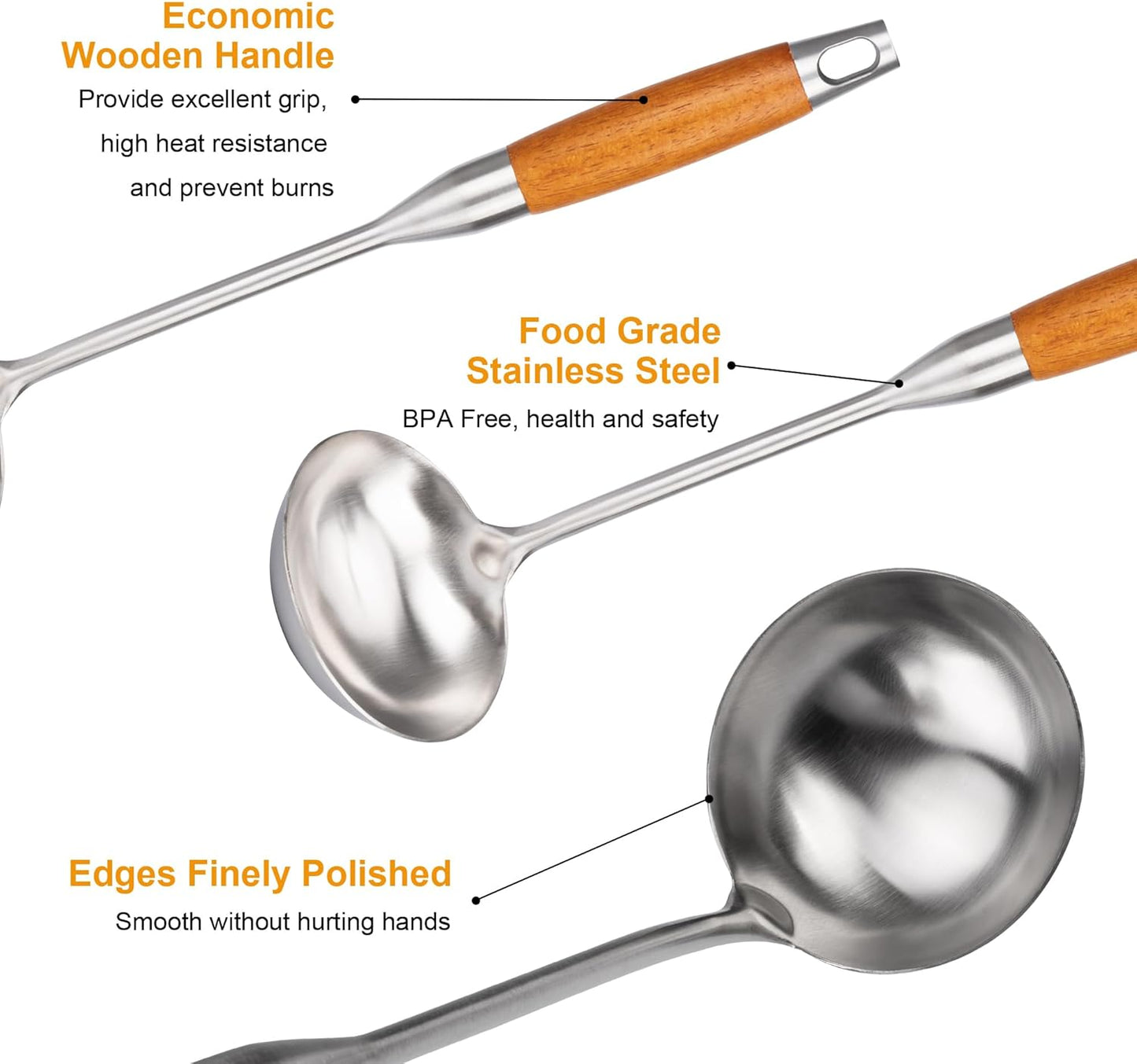 FJNATINH Soup Ladle, Stainless Steel Ladle with Heat Resistant Wooden Handle, Food Grade Metal Cooking Soup Spoon Kitchen Tools, Easy to Clean