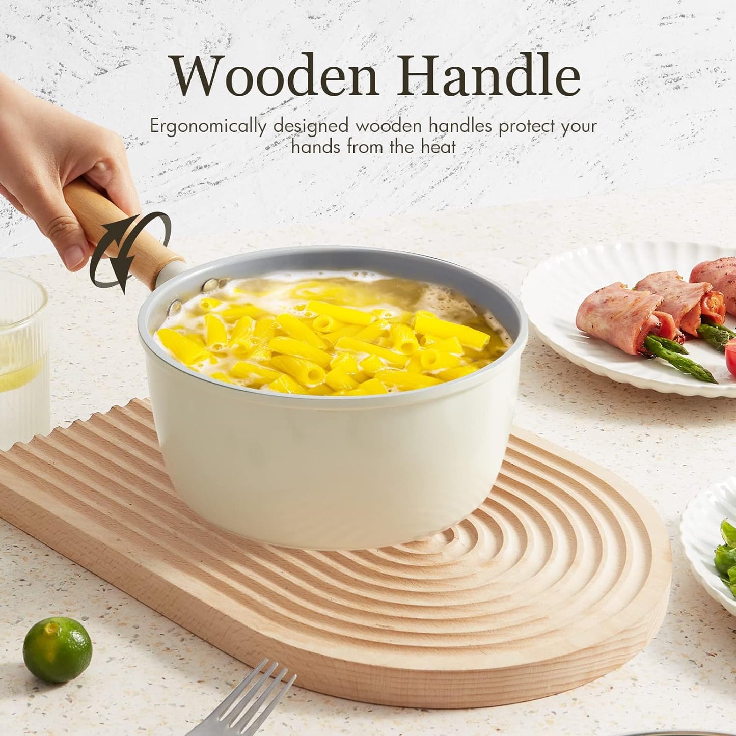 ROCKURWOK Ceramic Nonstick Sauce Pan with Lid, 2 Quart Cooking Pot, Small Saucepan with Steamer, PTFE & PFAS-Free, Wooden Handle for Cool Touch, Universal Base(Gas, Electric & Induction), White