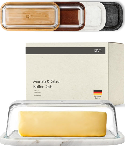 KIVY Butter Dish (White Marble & Glass) - For countertop and refrigerator door shelf - Marble butter keeper - Stone butter dish - Glass butter dish with lid - Dishwasher Safe