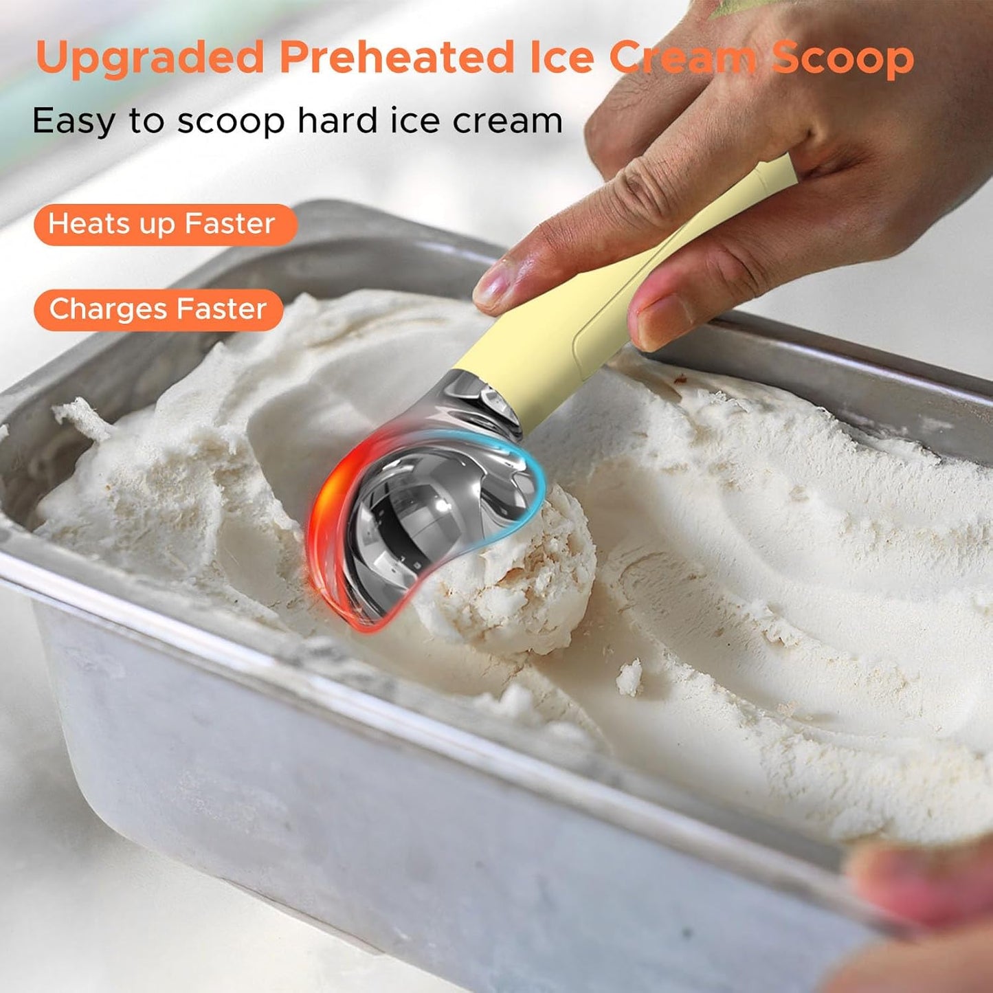 NEWEST Heated Ice Cream Scoop, Rechargeable Electric Warming Scooper with LED Display, Heats to 158°F for Hard Ice Cream, IP67 Waterproof, Easy for Seniors & Kids (Yellow)