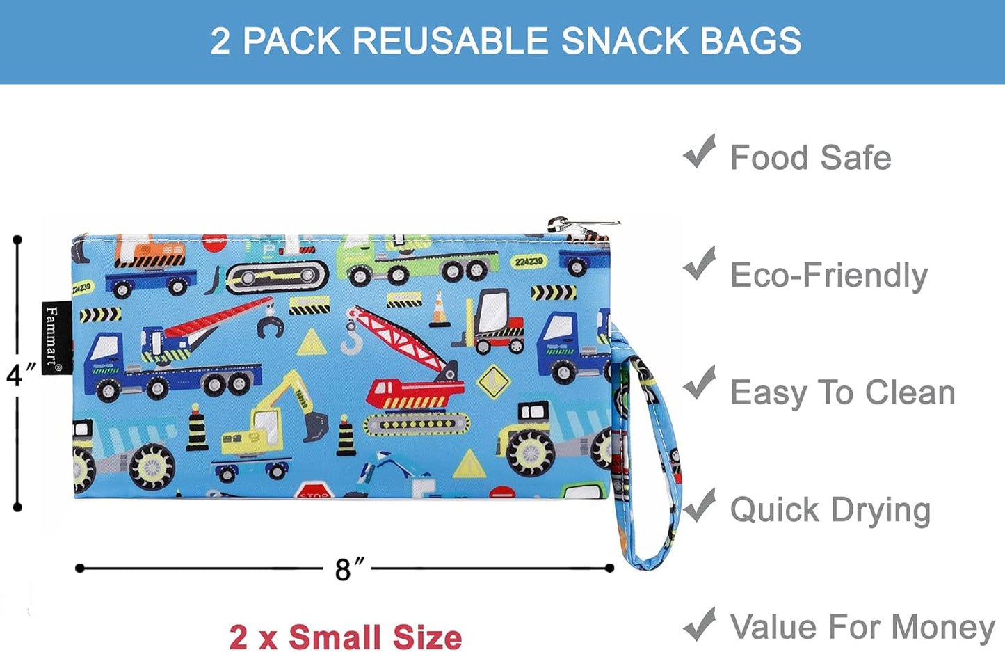 Reusable Sandwich Bag/Snack Bag for Kids & Adults, Dual Layer Lunch Bag with Handle, Washable, Food Safe, BPA Free (2-Pack, Car)