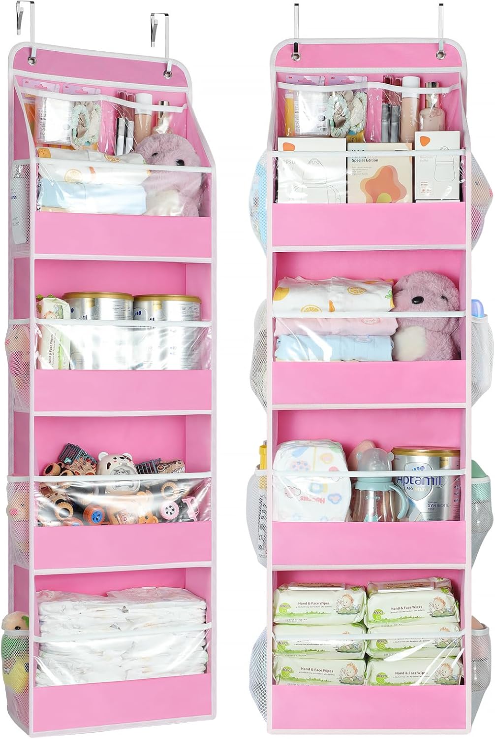 Yecaye 5 Tier 2Pc Over the Door Organizer, Swing-proof Door Organizer Hanging with Clear PVC Windows, Behind the Door Storage for Bedroom Nursery Closet Laundry Pantry Bathroom, Bubblegum Pink