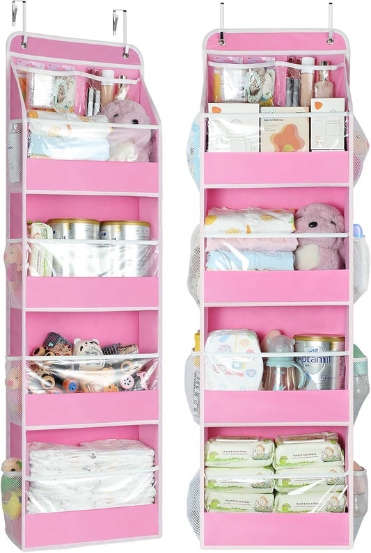 Yecaye 5 Tier 2Pc Over the Door Organizer, Swing-proof Door Organizer Hanging with Clear PVC Windows, Behind the Door Storage for Bedroom Nursery Closet Laundry Pantry Bathroom, Bubblegum Pink