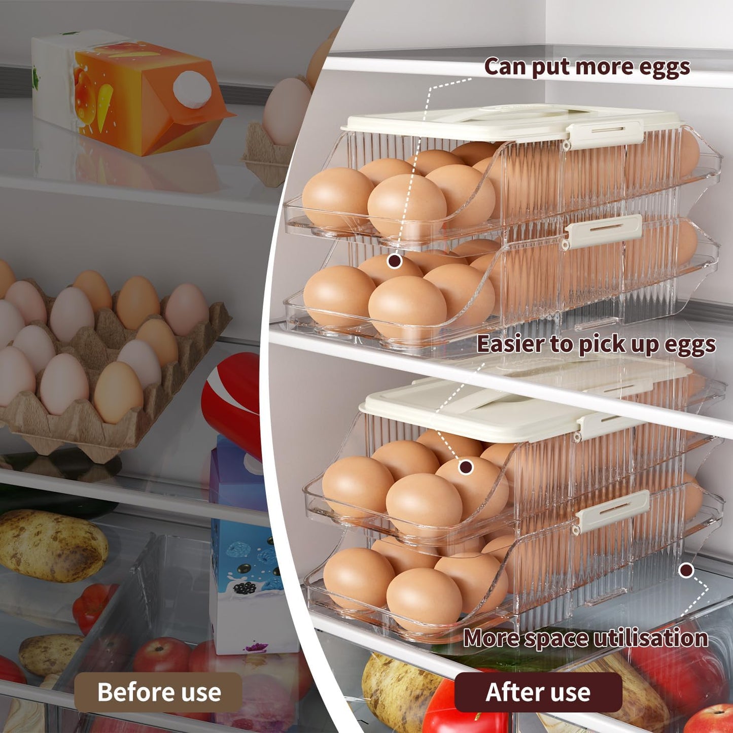 Automatic Rolling Egg Holder for Fridge, Clear Plastic Egg Organizer with Handle for Refrigerator, Egg Container for Kitchen Storage, 1 Row 2 layers