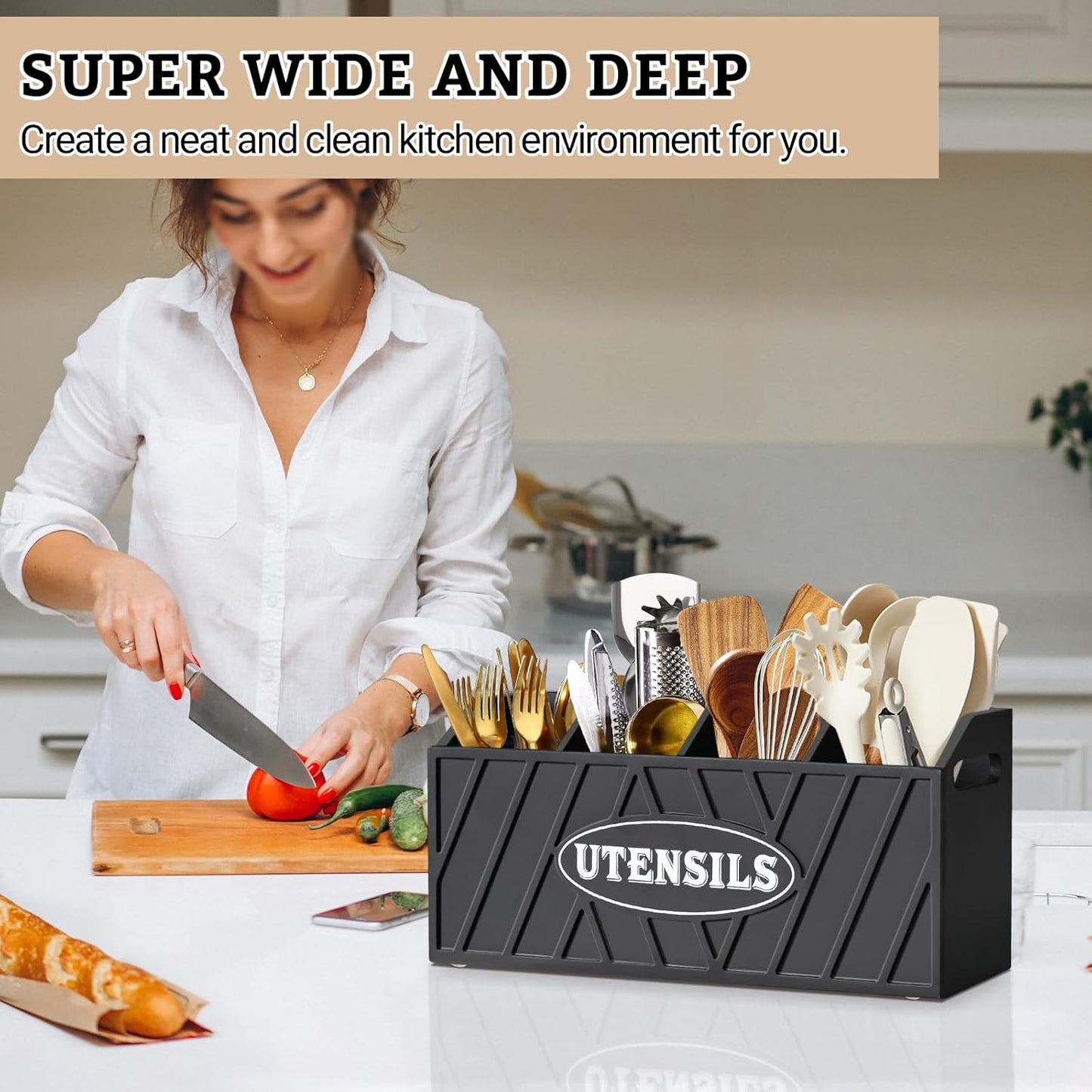 Large Wooden Utensil Holder, Black, 4 Compartments, Countertop or Wall Mount, Kitchen Gadget Organizer