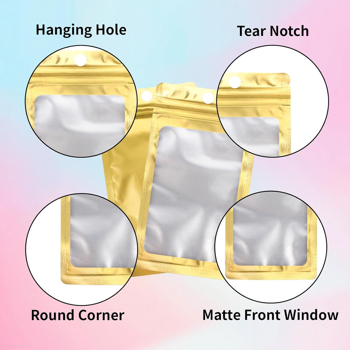 200 Pack Resealable Mylar Holographic Bags Food Storage Smell Proof Bags with Front Window Foil Packaging Pouch for Candy Sample Jewelry Small Business 4.13×5.91 Inch, Gold