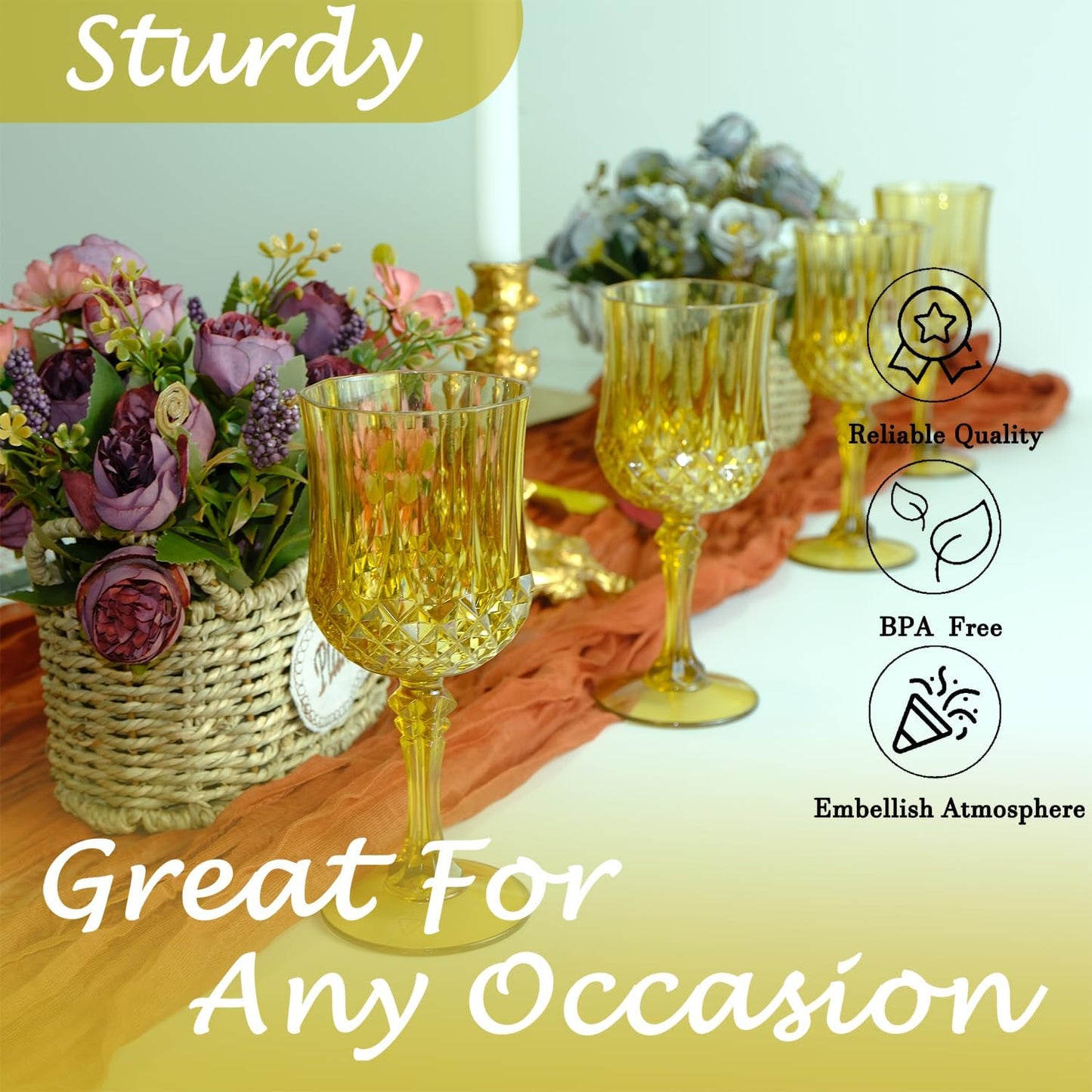 Plastic Wine Glasses，Plastic Goblets Vintage Style Cordial Drinking Glasses for Wedding Reception, Grand Event Party Supplies (24, Gold)