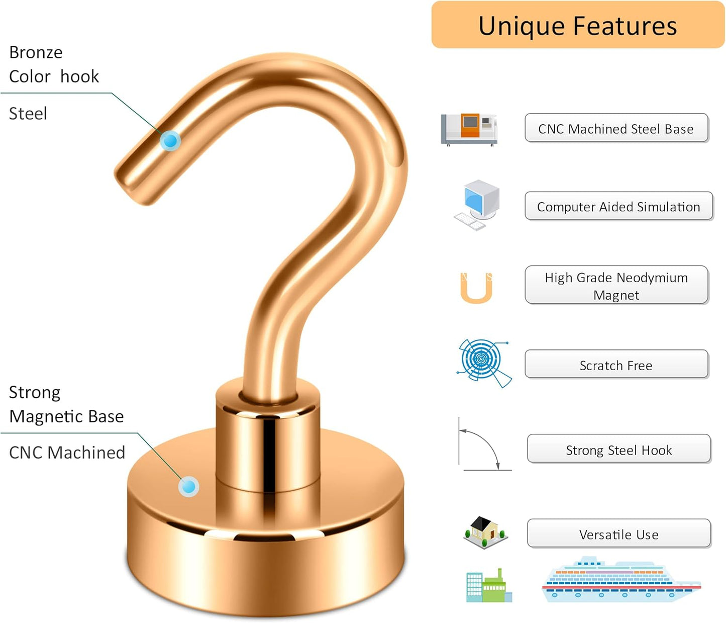 Neosmuk Magnetic Hooks,30lb+ Heavy Duty Earth Magnets with Hook for Refrigerator, Extra Strong Cruise Hook for Hanging, Magnetic Hanger for Cabins, Grill (Bronze, 10 Pack)