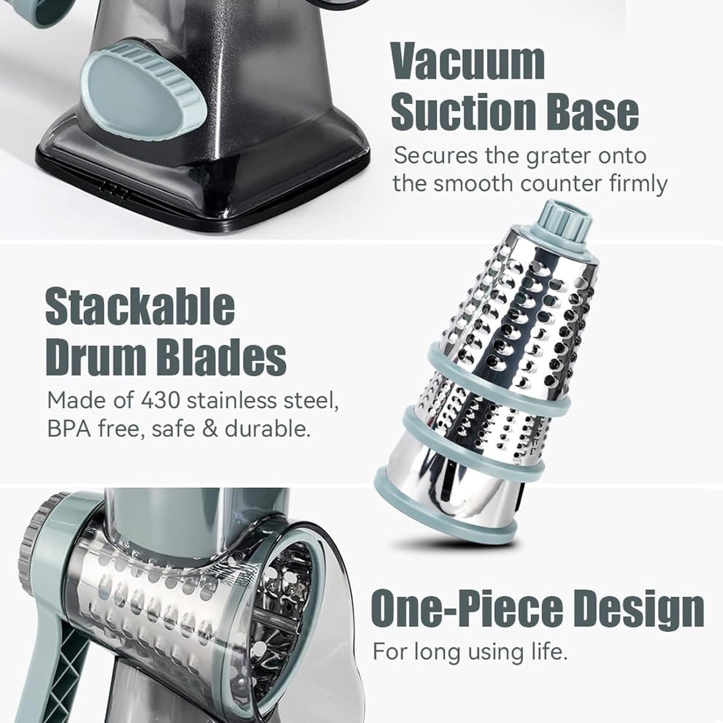 Rotary Cheese Grater, FOVXYVO Cheese Shredder with Strong Suction Base,Cheese Grater with Hand Crank for Kitchen for Cheese,Vegetables,Nuts,Chocolate,3 Changeable Blades