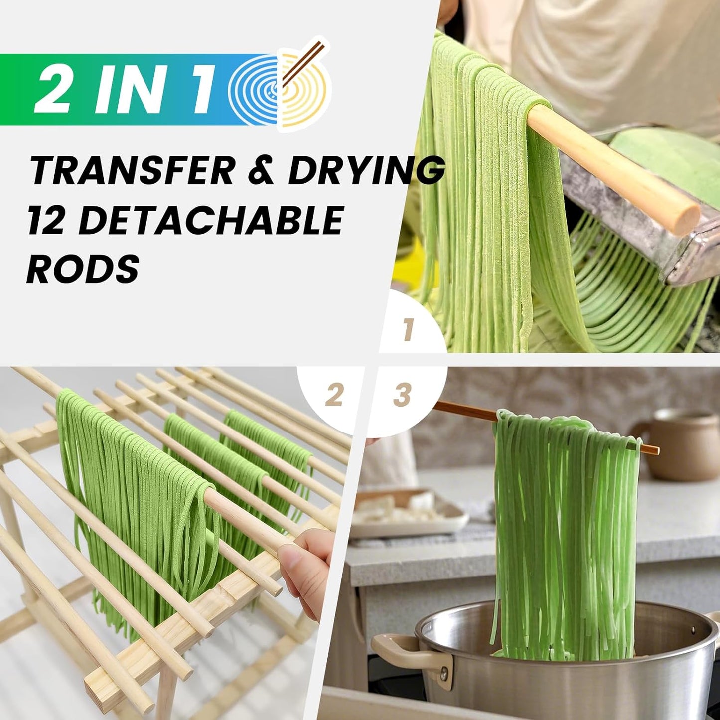 Wooden Pasta Drying Rack with 12 Detachable Rods & Fixed Grooves, Effortless Pasta Transfer, Holds Short/Long Noodles