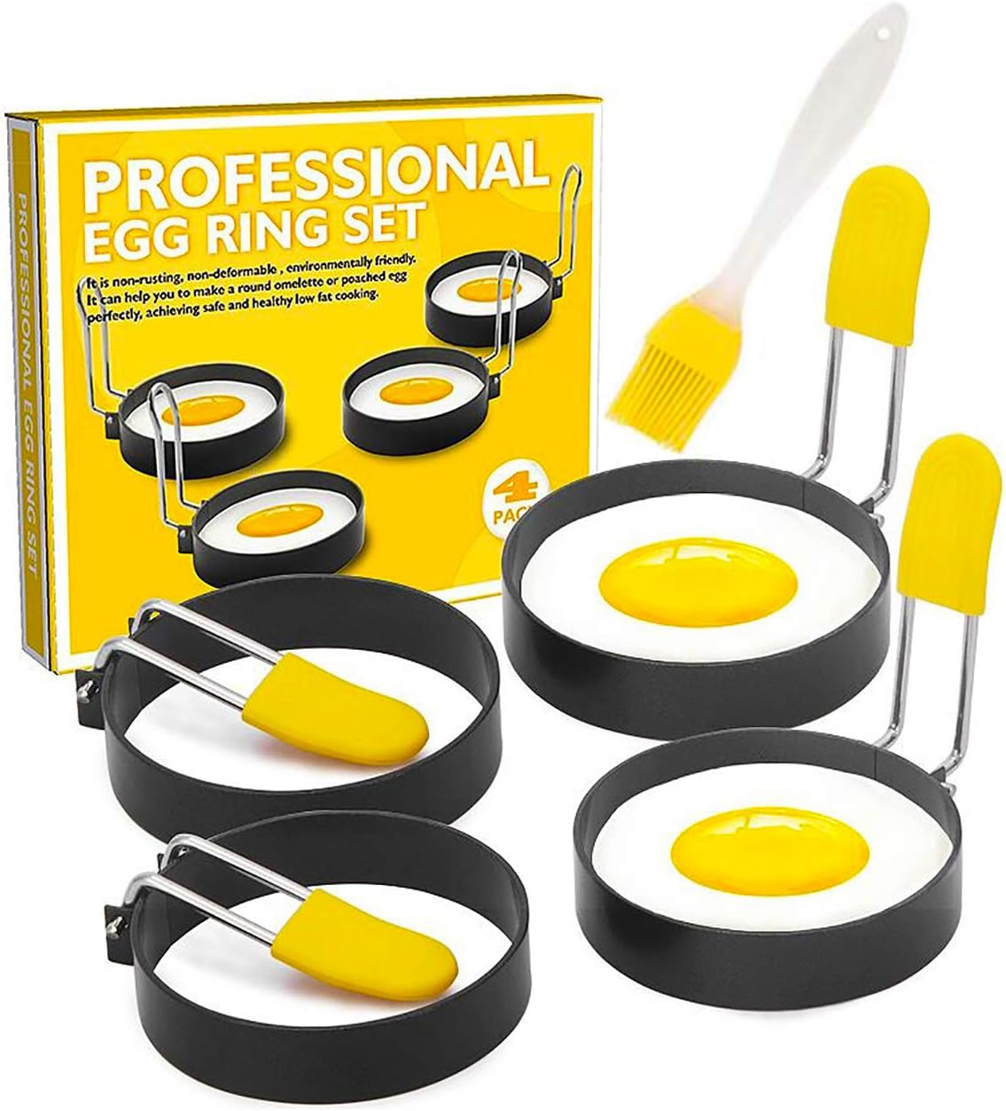 Egg Ring for Frying Eggs and English Muffin - Round Egg Shaper Mold with Anti-scald Handle - Stainless Steel Non-stick Egg Cooker Ring - 4 Pack