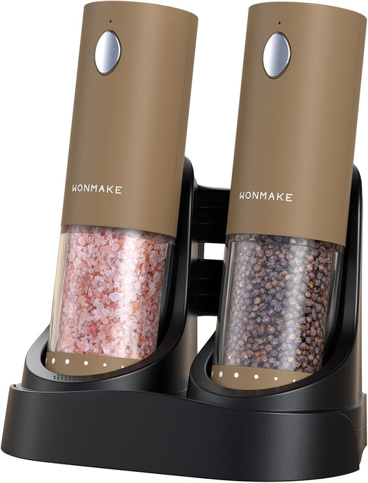 Electric Salt and Pepper Grinder Set - Automatic Refillable Salt and Pepper Grinders with Charging Base & LED Light, 6-Level Adjustable Coarseness with External Dial, Ideal Kitchen Gadget，Brown