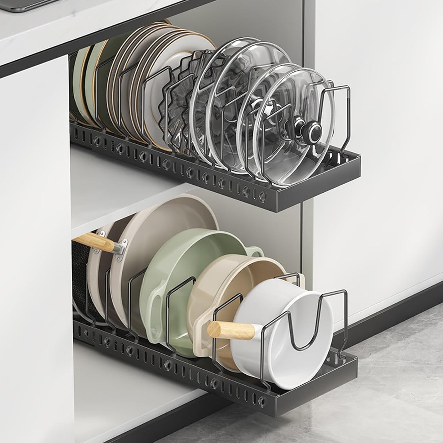 2 Pack Expandable Pots and Pans Organizer Under Cabinet, Sliding Pot Lid Holder and Pan Rack in Kitchen, Pull out Kitchen Cabinet Storage, with 10 Adjustable Dividers