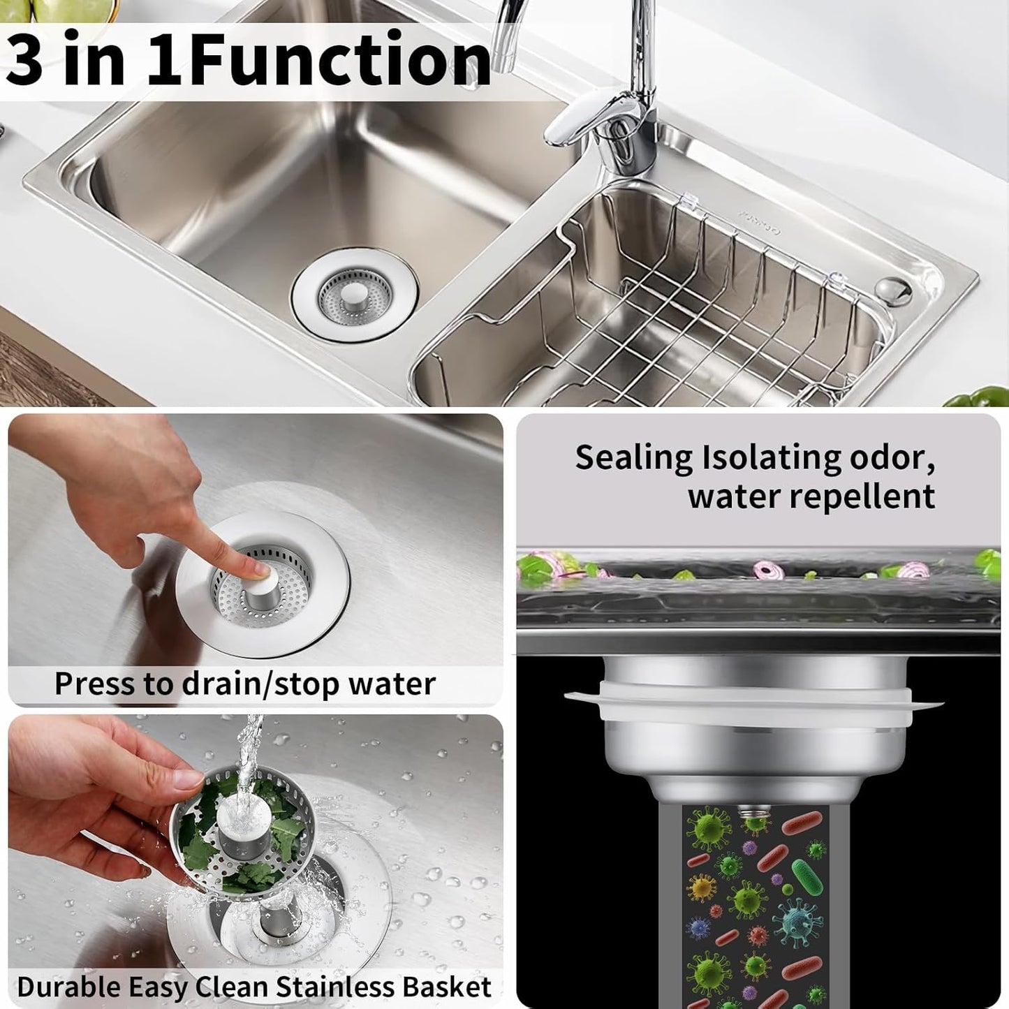 3-in-1 Stainless Steel Kitchen Sink Drain Strainer – Pop-up Sink Stopper with Sealing Ring, Anti-Clog & Odor-Proof Drain Filter, Fits 3-1/2 Inch Sink Drain Holes, Easy Installation
