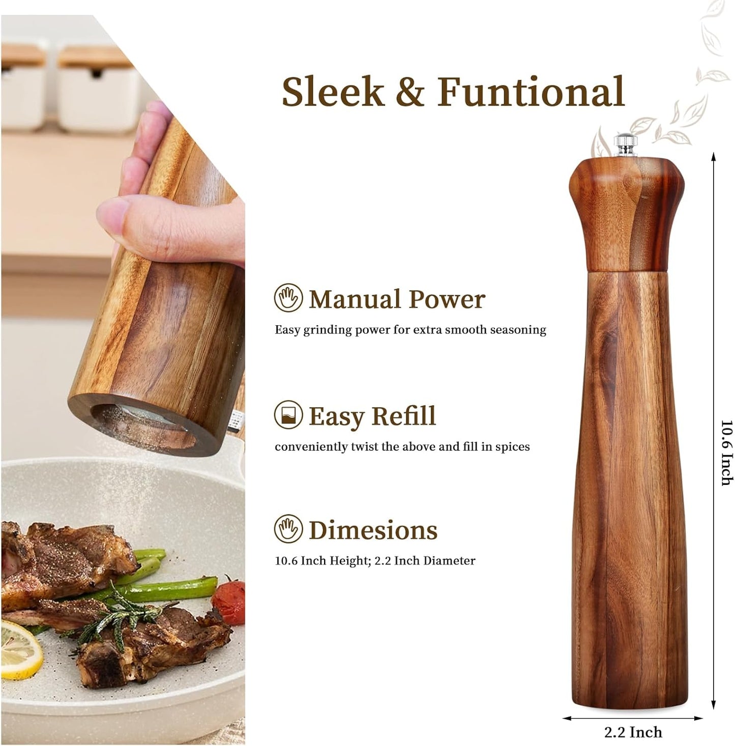 1 Pack - 10 Inch tall Acacia Wood Pepper Grinder or Salt Mill Elegant Pepper Mill Wooden with a Adjustable Ceramic Rotor and Easily Refillable - Wood Salt Grinder for Your Kitchen