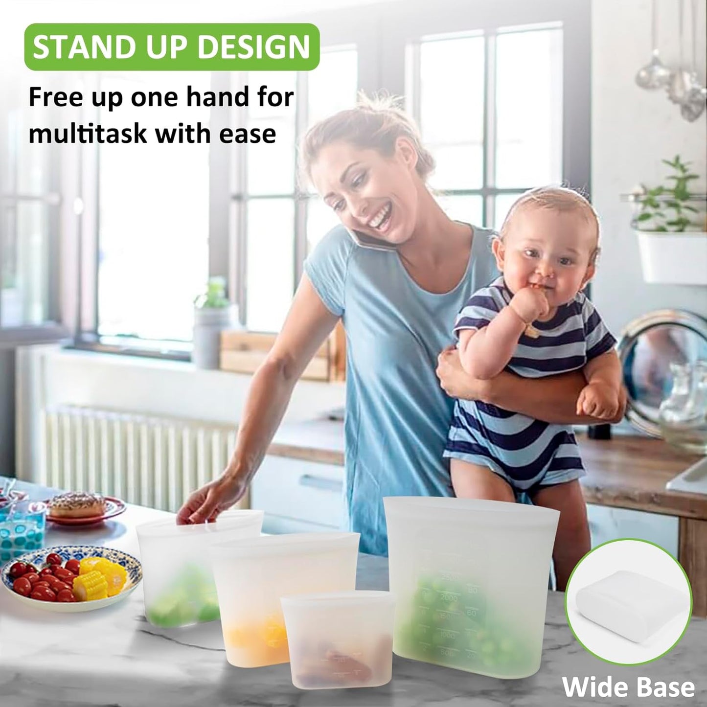 Reusable Storage Bag, 12 Pack 100% Silicone Food Storage Bags Stand Up Zip Lock Bags for Food, Freezer Microwave Oven Dishwasher Safe, 3 Extra Large(0.8 Gallon) 3 Medium 3 Small 3 X-Small, Translucent