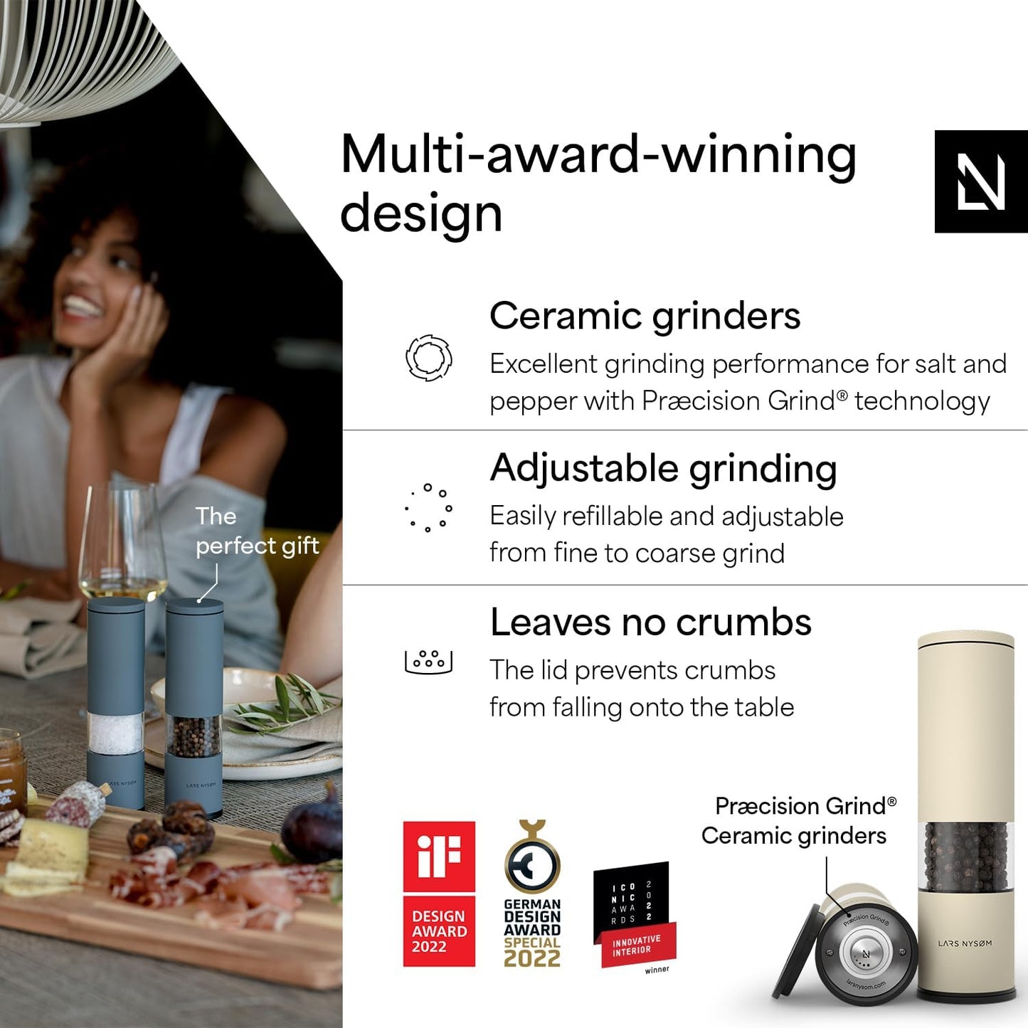 LARS NYSØM Salt and Pepper Grinder Set Manual, Stainless Steel Salt and Pepper Mills with Adjustable Ceramic Grinder I Design Spice Shakers (Almond Beige)