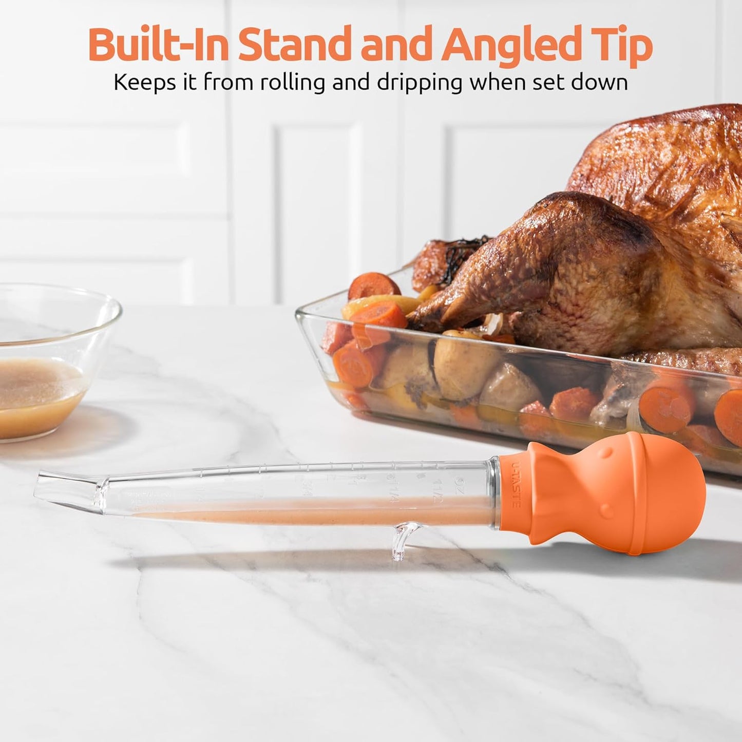 U-Taste 1.5oz Angled Turkey Baster - 228.2ºF Heat Resistant Food Grade Tritan and Silicone Large Octopus Bulb Baster Set with Cleaning Brush for Cooking Basting Meat Poultry Beef Chicken (Orange)
