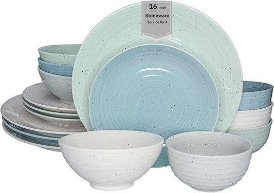 Sango Siterra Artist's Blend 16-Piece Stoneware Dinnerware Set – Service for 4, Mixed Glossy Finish with Unique Speckled Design, for Everyday Dining & Entertainment, Dishwasher & Microwave Safe