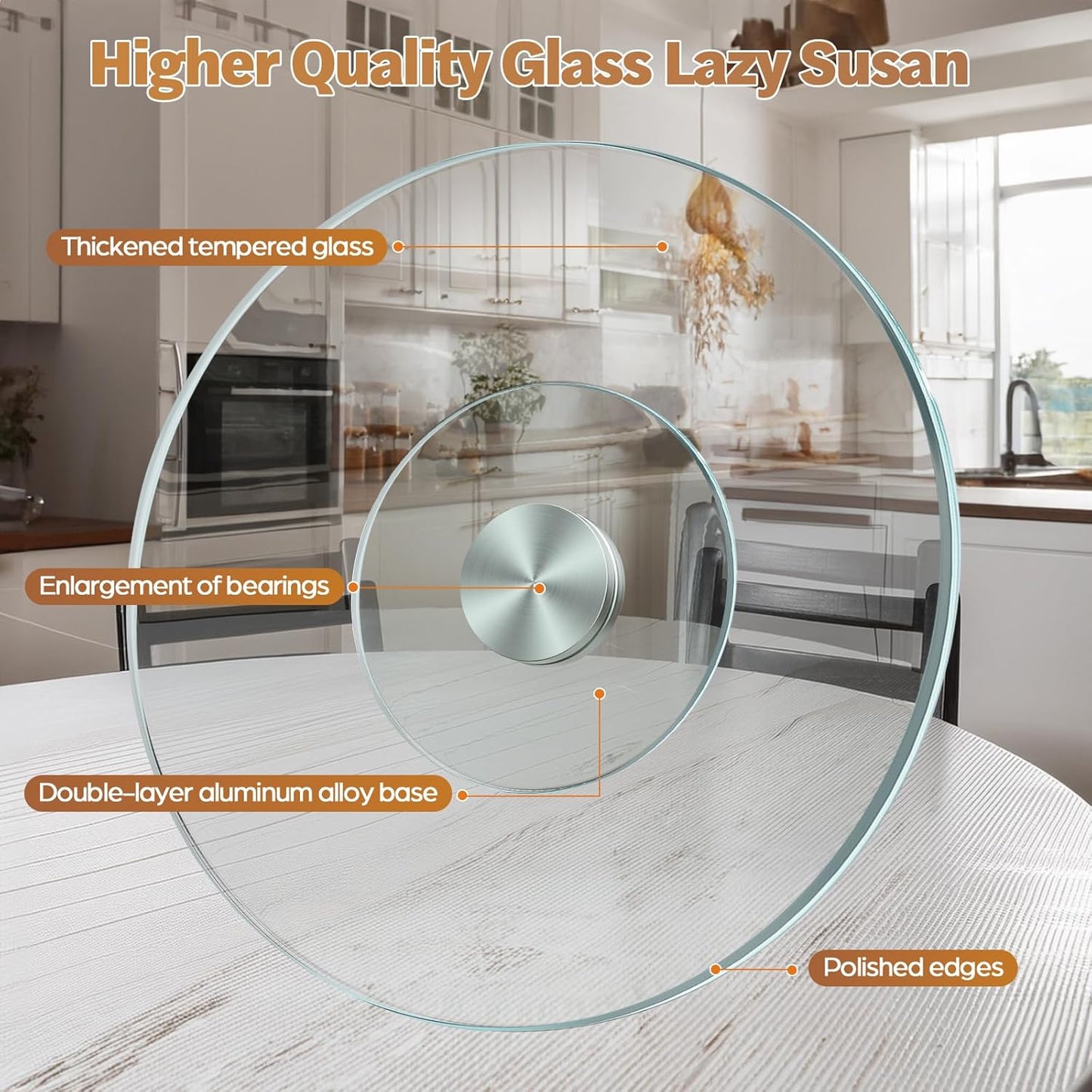 27" Glass Lazy Susan for Dining Table - Tempered Glass Round Clear Tabletop Large Rotating Tray, Silent & Smooth Spin (27inch/70cm)