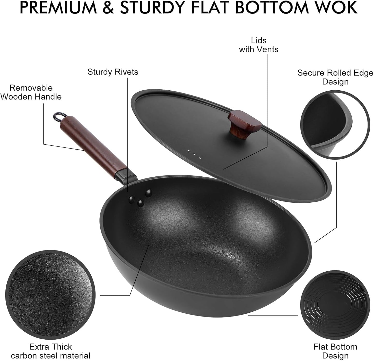 Carbon Steel Wok Pan - 13" Wok Pan with Lid, Woks & Stir-Fry Pans Nonstick with Spatula & Brush, Chinese Wok Flat Bottom Wok for Induction, Electric, Gas, All Stoves