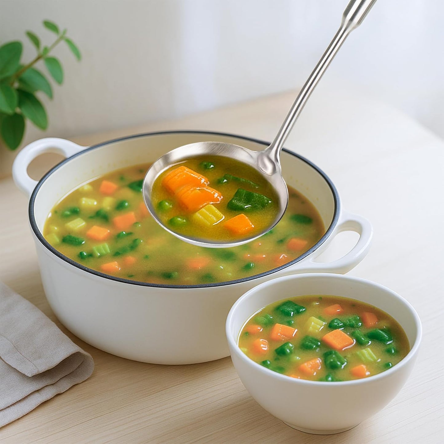 FJNATINH Stainless Steel Soup Ladle, Food Grade Metal Kitchen Utensil Ladle Spoon for Canning Soups Sauces, Easy to Clean, 15 Inches