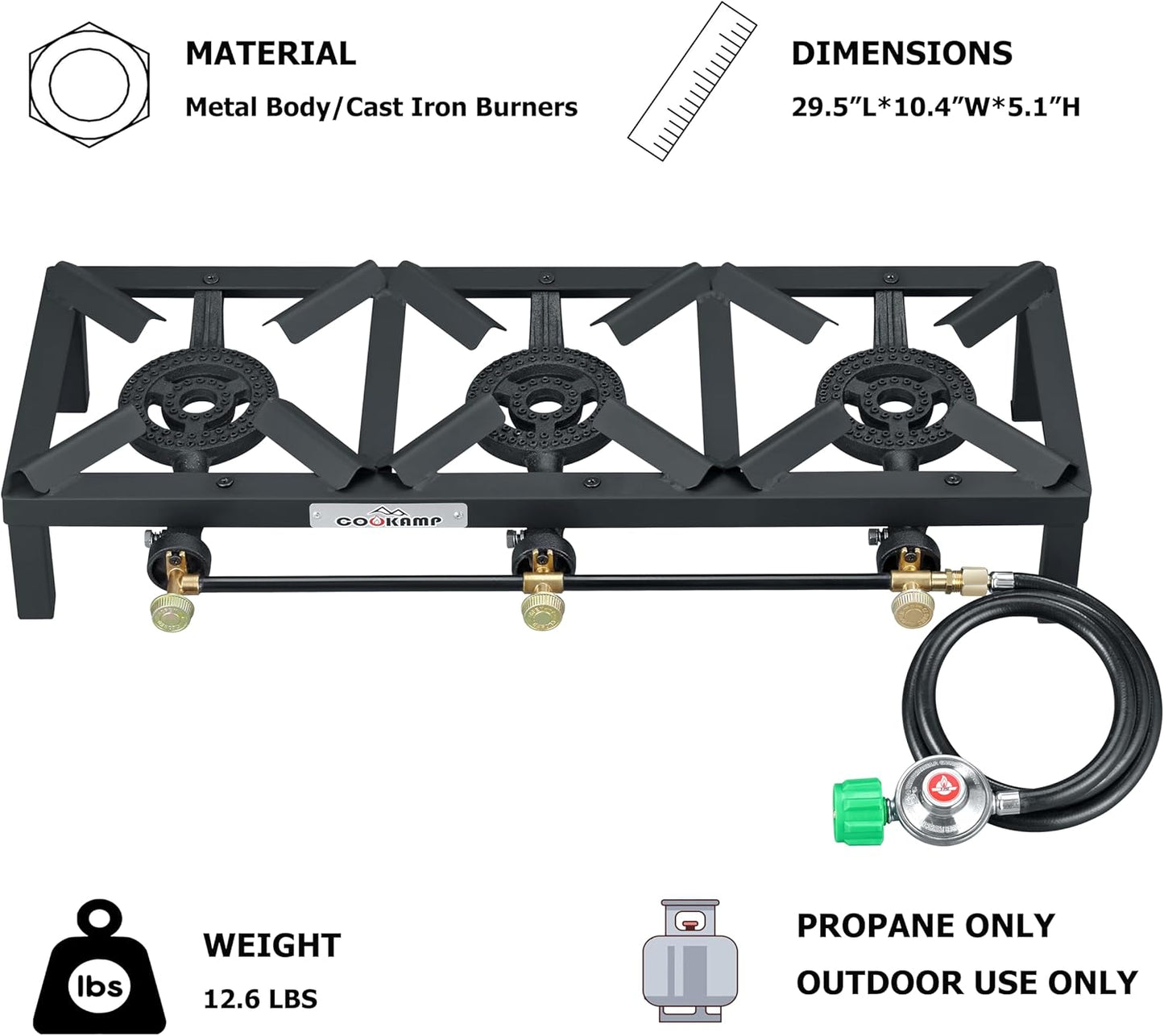 Propane Triple Burner Angle Iron Camp Stove with CSA Listed Regulator and 4ft Hose (SA3200)
