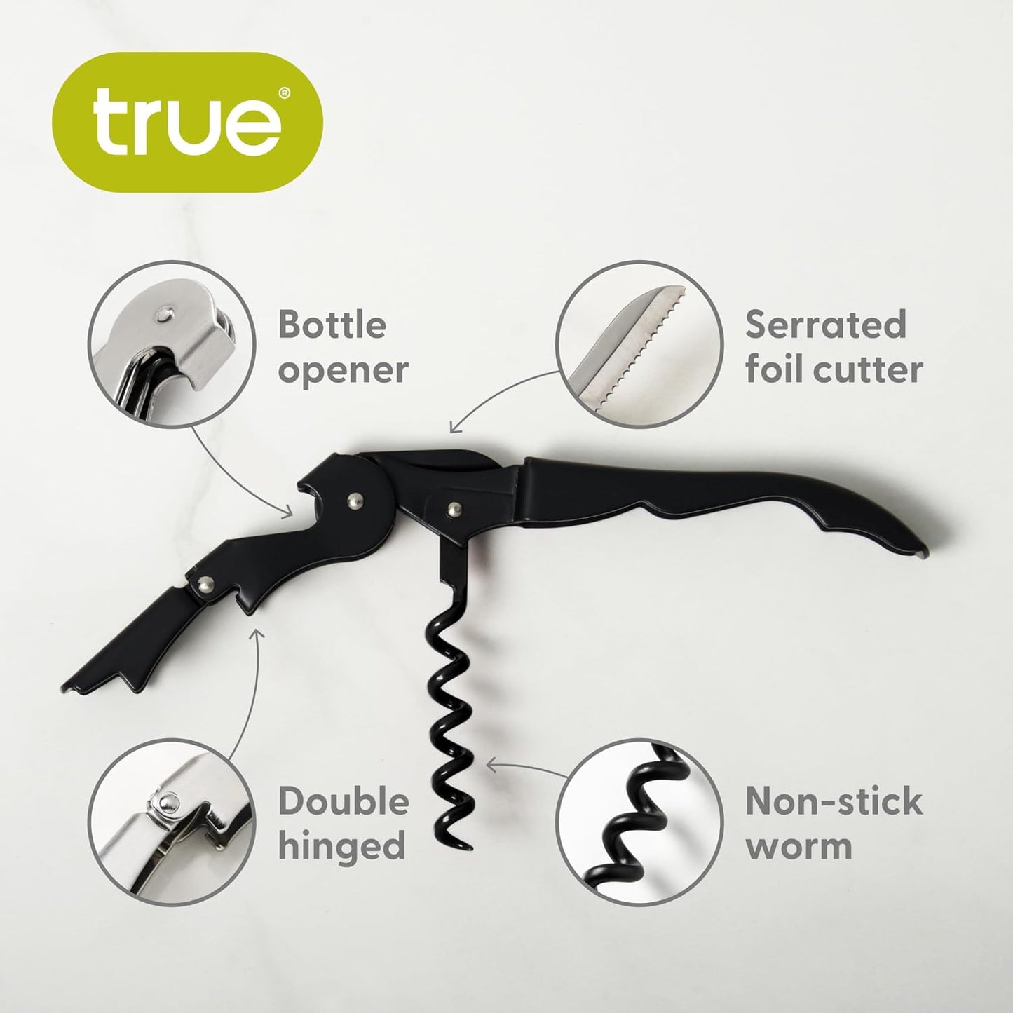 True TrueTap Double Hinged Waiters Corkscrew Wine Opener, Top-notch Stainless Steel Wine Opener with Foil Cutter Built to Last Wine Key Matte Black