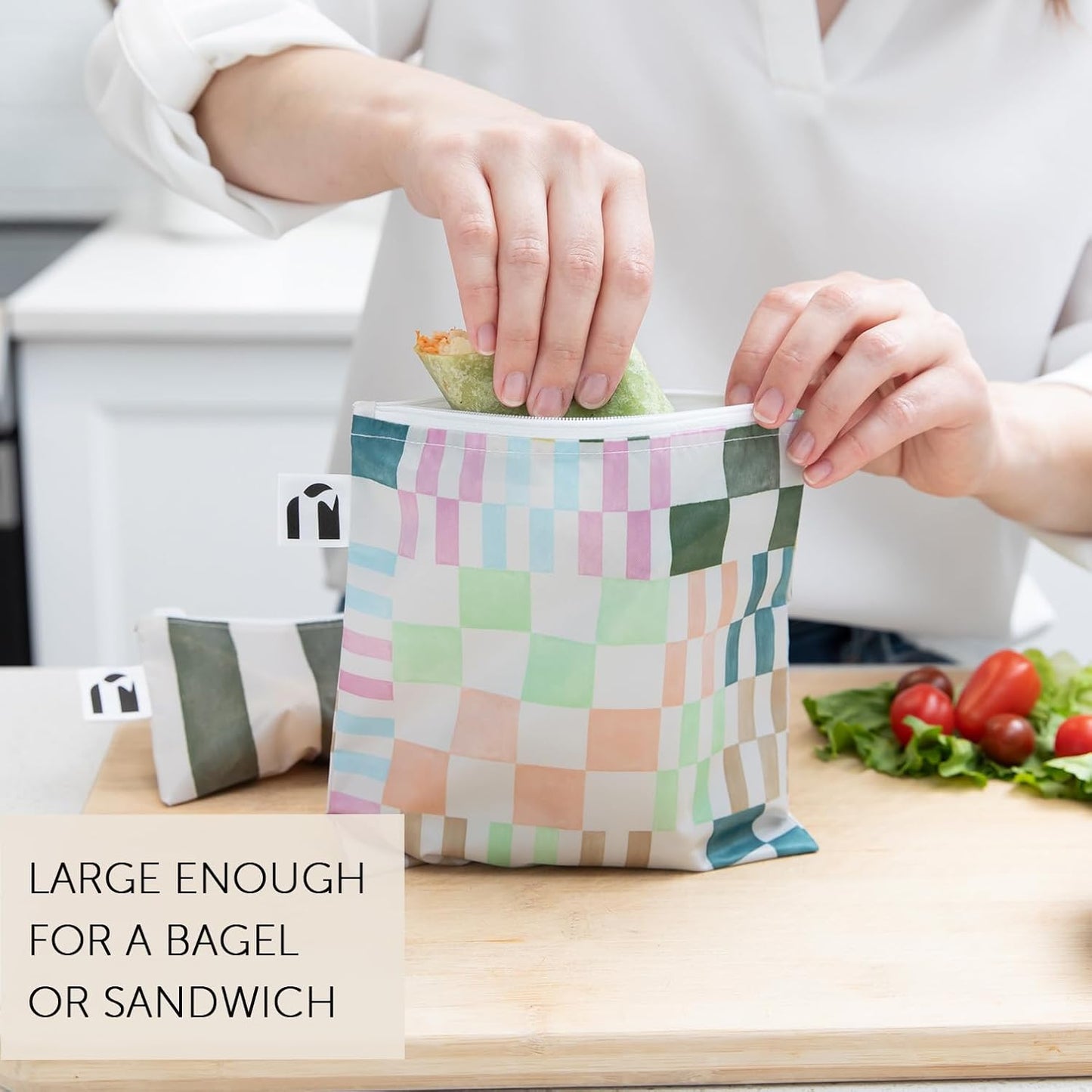 Roamio Reusable Sandwich and Snack Bags, for Kids School Lunch and for Adults Portion, Washable Fabric, Waterproof Cloth Zip Bag, Pack Travel Pouch, Food-Safe, 4-pack Set Green Stripe and Multi Check