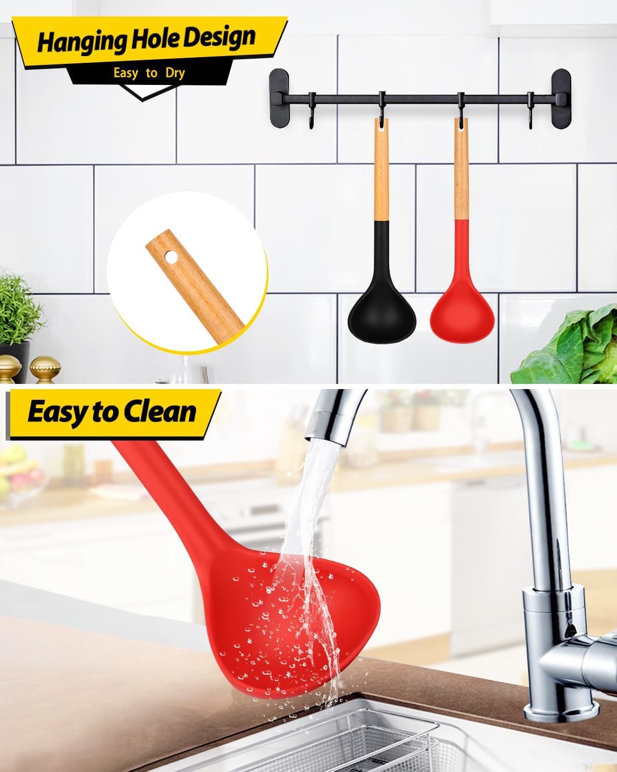 Pack of 2 Soup Ladle, Silicone Ladle Spoon with Wooden Handle, Large Non Stick High Heat Resistant Kitchen Utensils for Cooking, Stirring, Serving Soups(BLACK-RED)