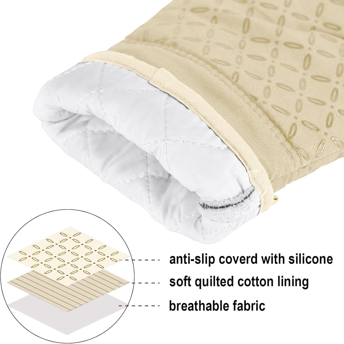 KEGOUU Oven Mitts and Pot Holders 6pcs Set, Kitchen Oven Glove High Heat Resistant 500 Degree Extra Long Oven Mitts and Potholder with Non-Slip Silicone Surface for Cooking (Beige)