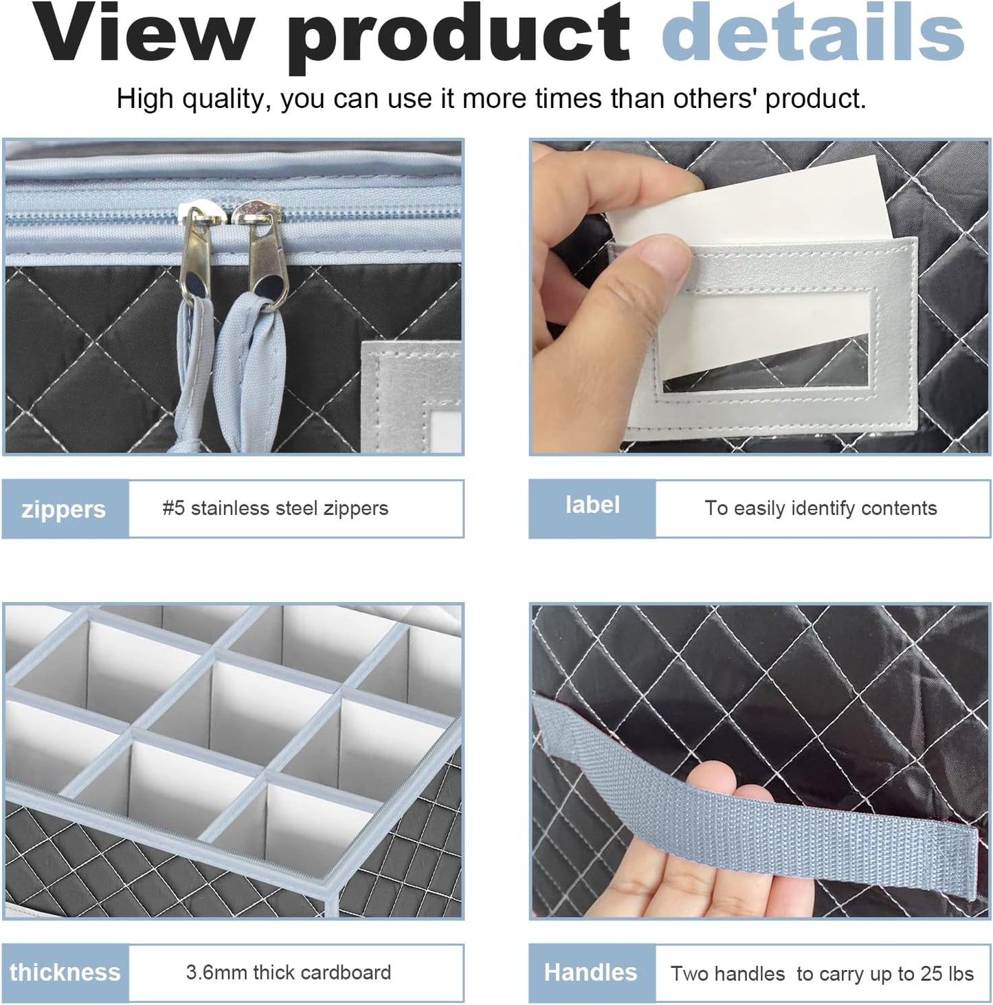 VERONLY Mug and Cup Storage Box with Dividers - 2 Pack China Storage Bin Containers Holds 24 Glassware, Stackable Coffee Mug Organizer Bin and Tea Cup with 2 Metal Zipper,Label and Handles (Grey)