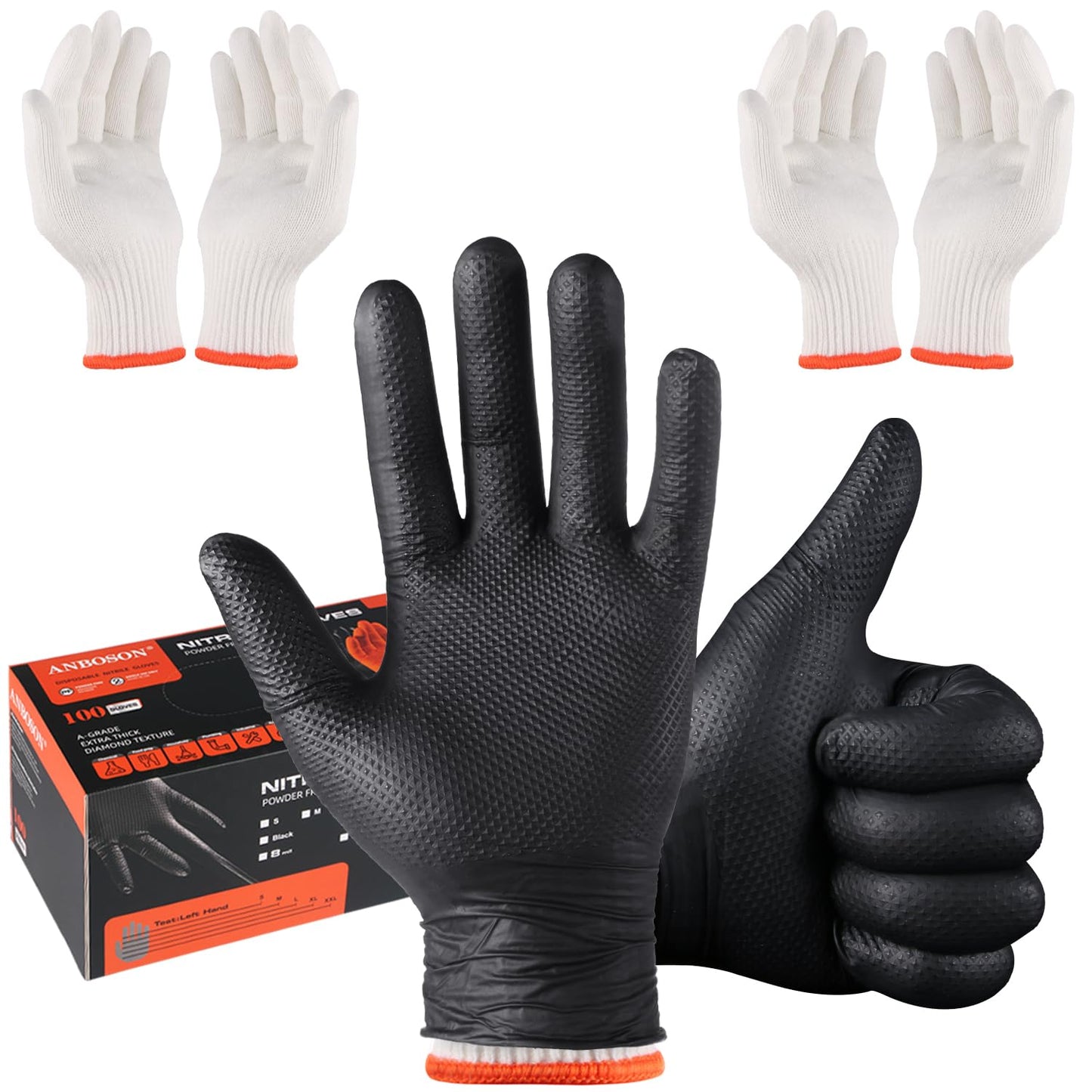 BBQ Gloves for Grilling Disposable Heat Resistant - 100 Nitrile Gloves + 4 Reusable Cotton Liners for Barbecue Smoker, Cooking Hot Meat - 10Mil Thick, Non-Slip Grip - Black Large