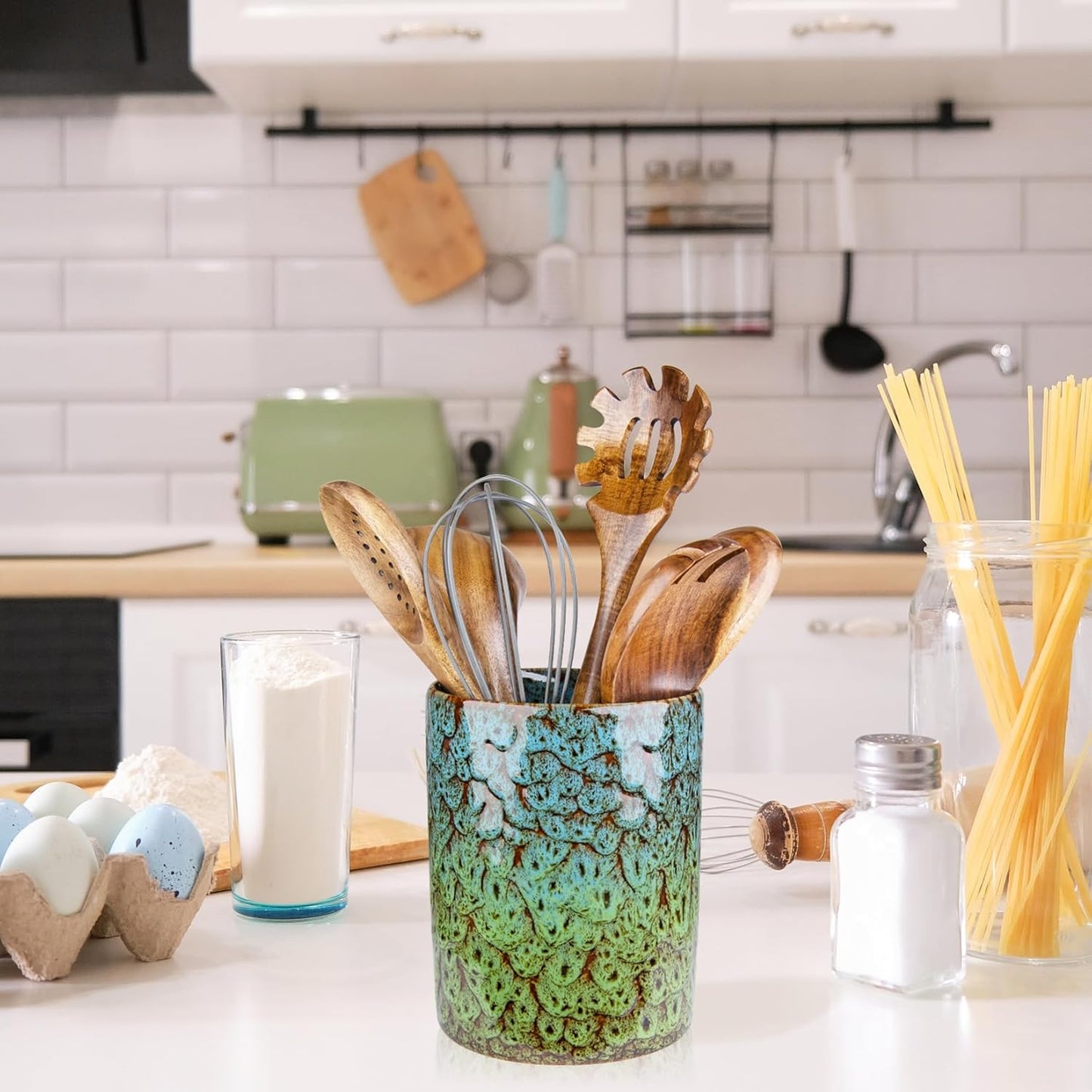 Utensil Holder, Ceramic Kitchen Utensil Holder for Countertop, Large Cooking Utensil Crocks for Kitchen Counter, Morden Utensil Organizer for Spatula, kitchen Decor, Blue & Green