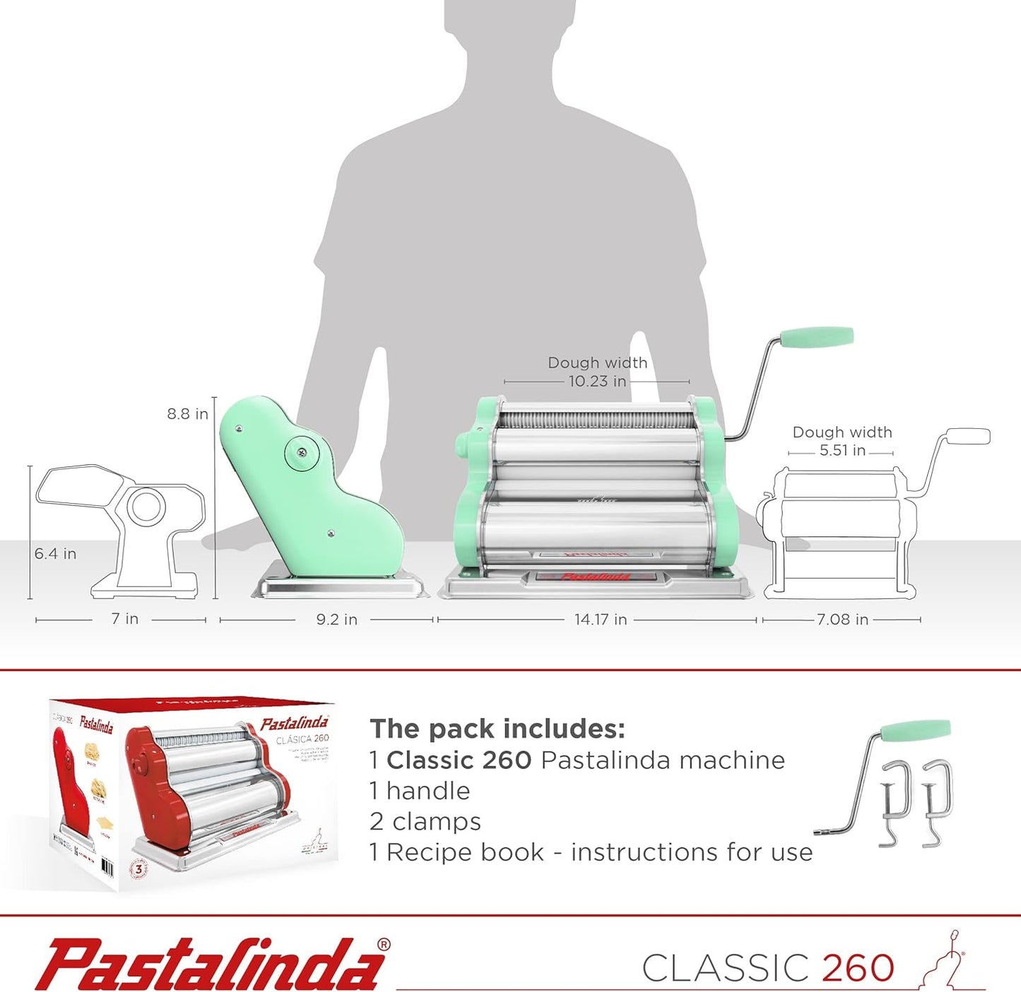 PASTALINDA Classic 260 Pasta Maker Machine, 26 cm Wide Rollers, 9 Thickness Positions, 2 Cutting Positions, Stainless Steel. Includes Reinforced Hand Crank And Two Clamps (Pastel Green)