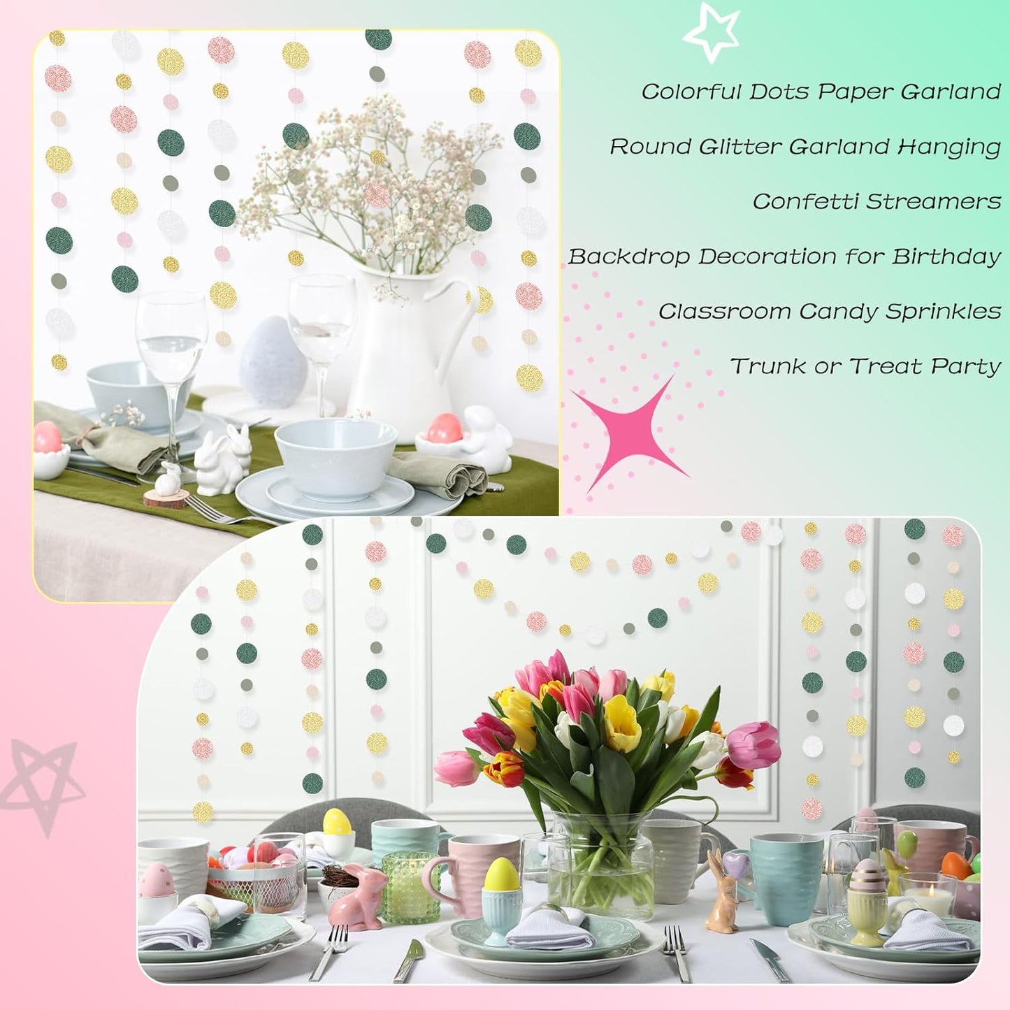 Outus 10 Pieces Colorful Dots Paper Garland Round Glitter Garland Hanging Confetti Streamers Backdrop Decoration for Birthday Classroom Candy Sprinkles Trunk or Treat Party (Sage Green,Pink,Gold)