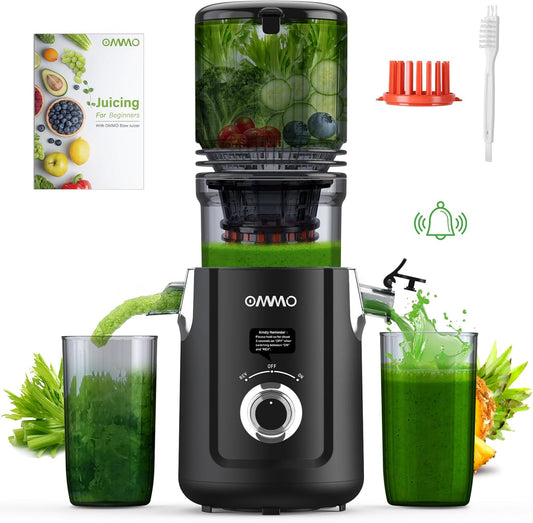 OMMO Cold Press Juicer Machines: 5.1" Wide Chute for Whole Fruits & Veggies, BPA Free Slow Juicer Easy Clean, Beep Alert, Slow Masticating Juicers for Moms/Families/Fitness/Juice Life/Healthy Living