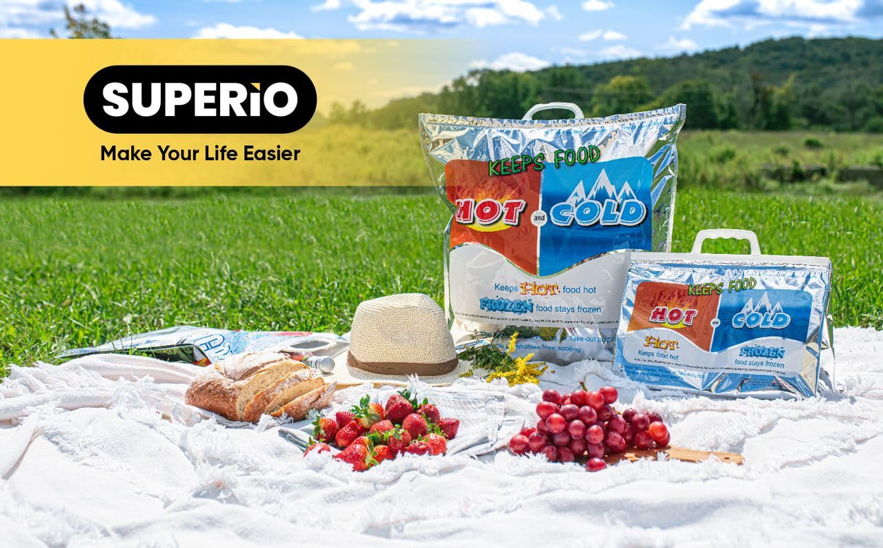 Superio Hot and Cold Insulated Bags for Food Delivery, Grocery Shopping Bags, Food Storage for Hot and Frozen Food for Travel, Disposable Cooler Bag, Reinforced Thermal Lunch Bag (10, 13.5"x17.5")