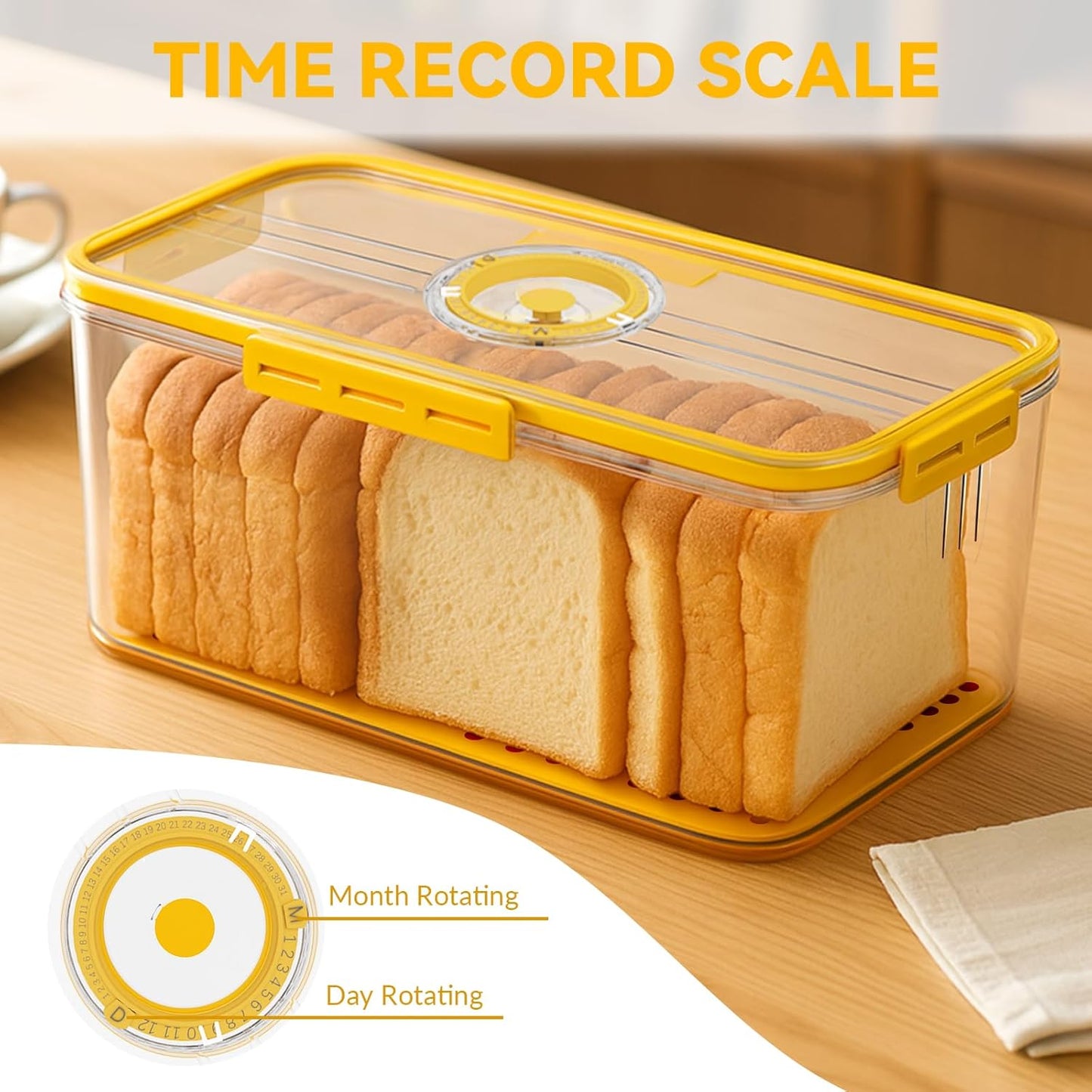 Bread Box and Slicer,Breades Slicer with Box, Large Breads Box Airtight with Lid and Time Recording Function, Bread Container for Homemade Bread, Cookies, Bagel, Donut and Toast(yellow)