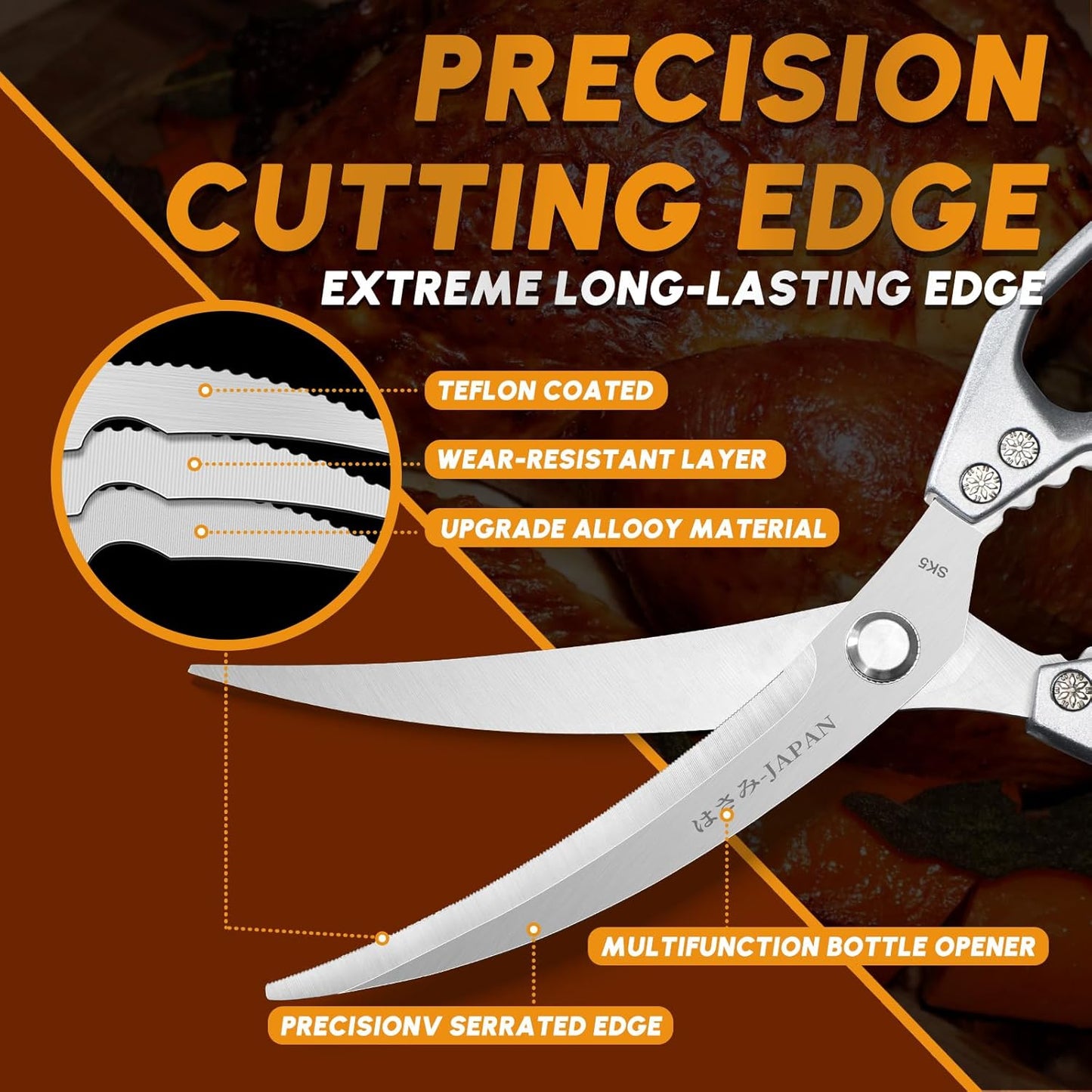 HUUSK Kitchen Scissors Silver - Stainless Steel Kitchen Shears for Food, Japanese Cooking Scissor, Sharp Meat Scissors Dishwasher Safe, Heavy Duty Poultry Shears for Chicken Bones, and Turkey