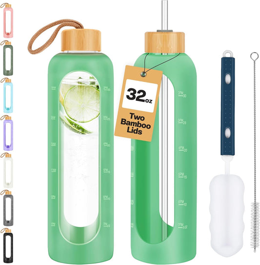 Glass Water Bottles 32 oz - Motivational Drinking Glass Water Bottle with Silicone Sleeve, Straw & 2 Bamboo Lids - 1 Liter Clear Borosilicate Daily Intake Tumbler with Time Marker - Jade Green